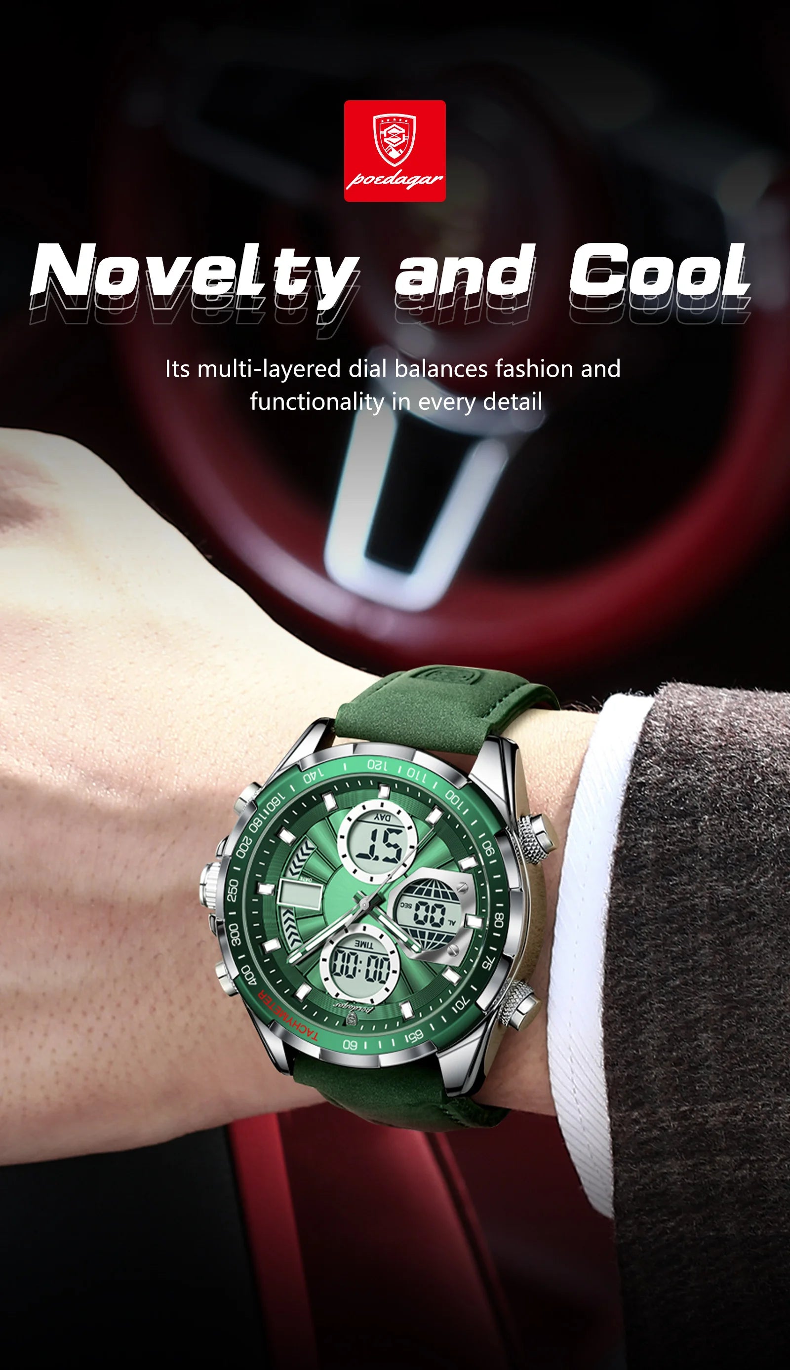 LED Analog-Digital Chronograph Watch – Dual Time & Alarm with Leather Strap