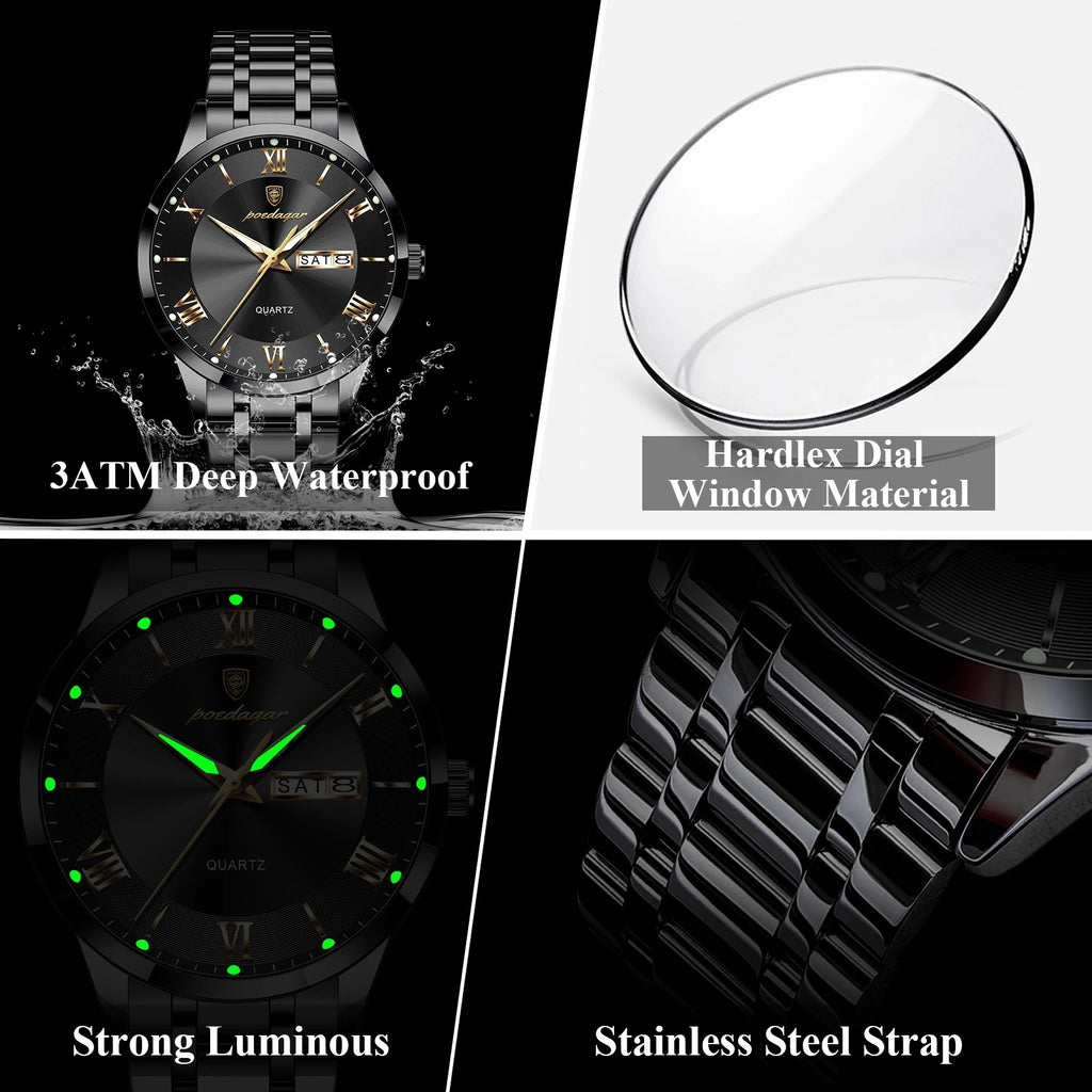 Full Calendar Stainless Steel Watch – Luminous Dial with Date, Week & Hidden Clasp
