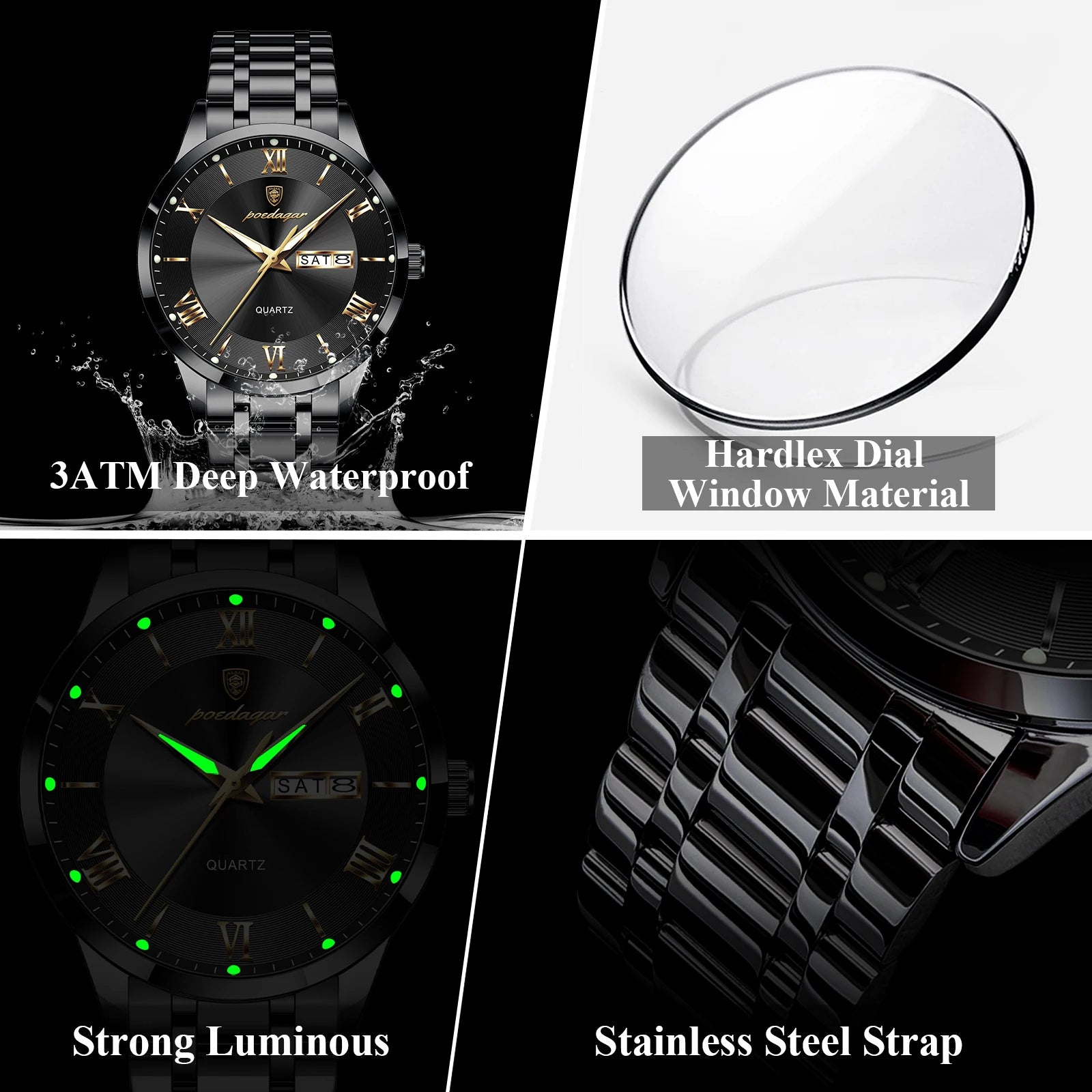 Full Calendar Stainless Steel Watch – Luminous Dial with Date, Week & Hidden Clasp