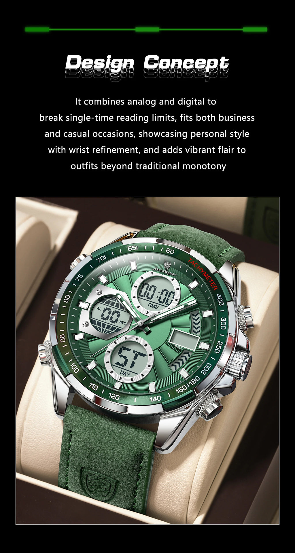 LED Analog-Digital Chronograph Watch – Dual Time & Alarm with Leather Strap