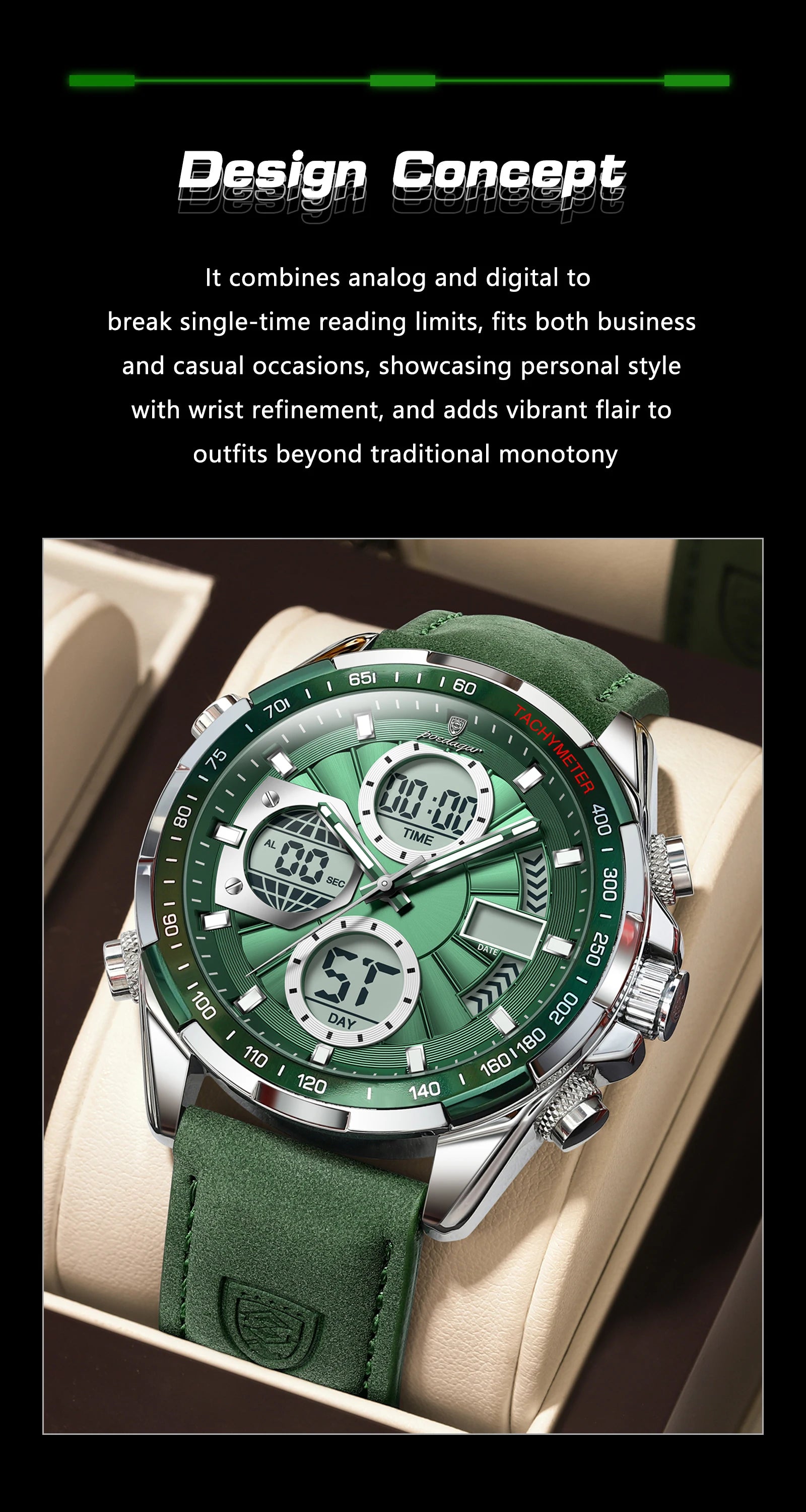 LED Analog-Digital Chronograph Watch – Dual Time & Alarm with Leather Strap