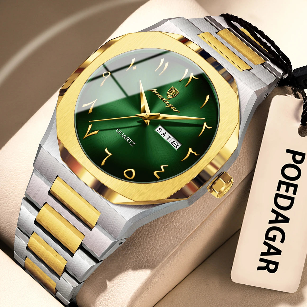 Irregular Shape Full Calendar Watch – Date & Week Display with Hidden Clasp