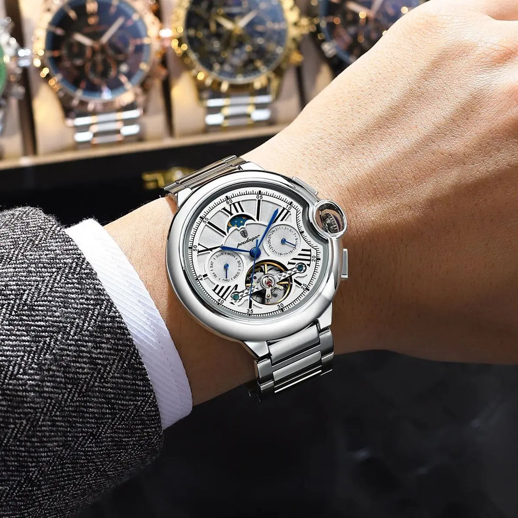 Automatic Skeleton Watch – Tourbillon Style with Moon Phase & Full Calendar