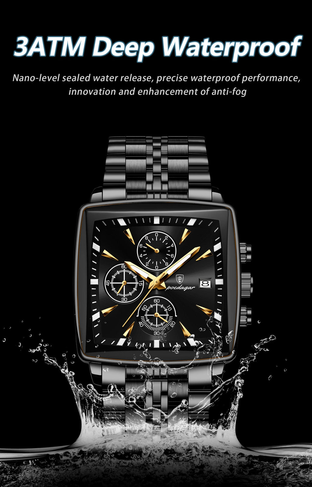 Square Chronograph Watch – Luminous Numberless Dial with Hidden Clasp Bracelet