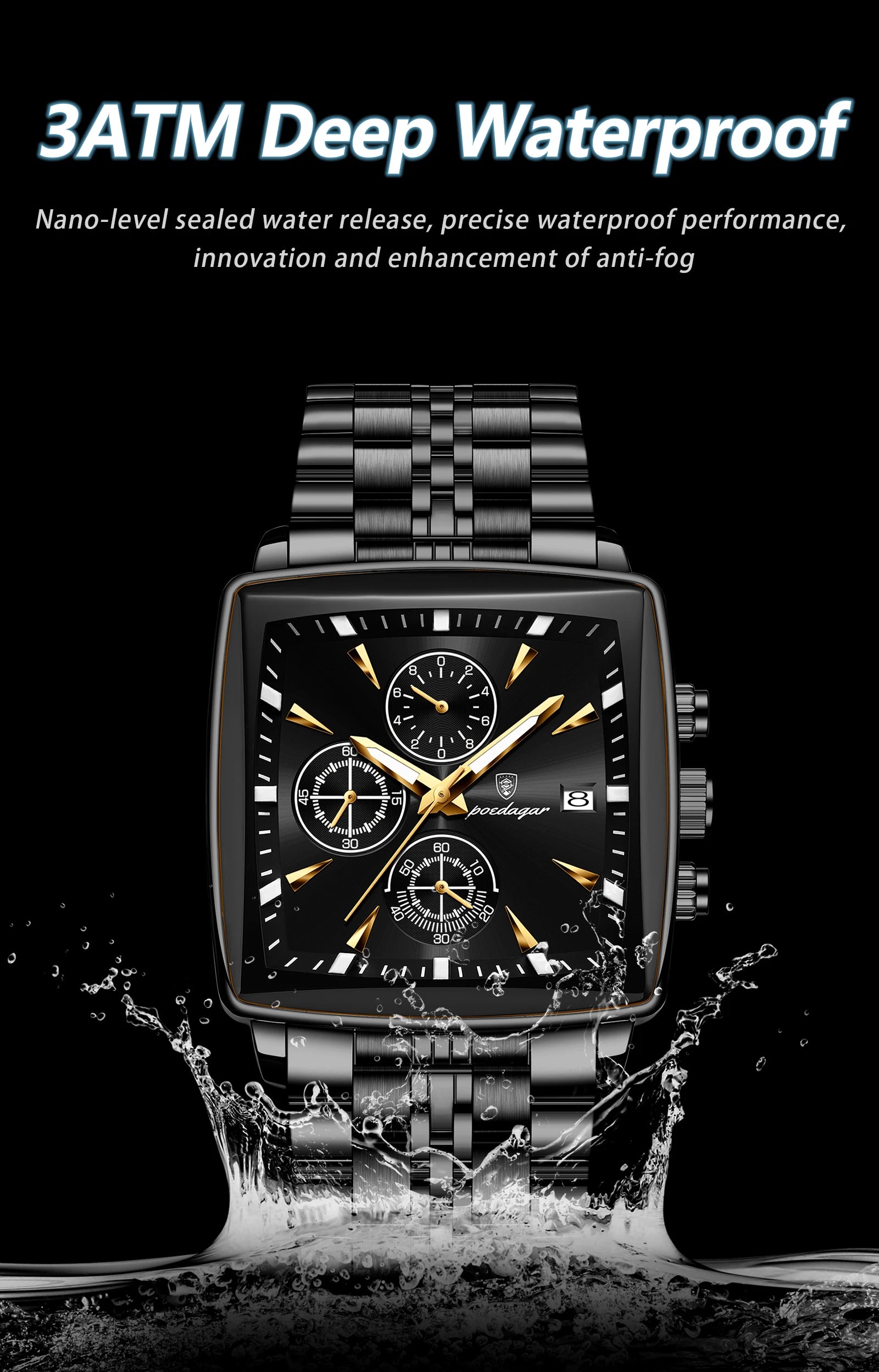 Square Chronograph Watch – Luminous Numberless Dial with Hidden Clasp Bracelet