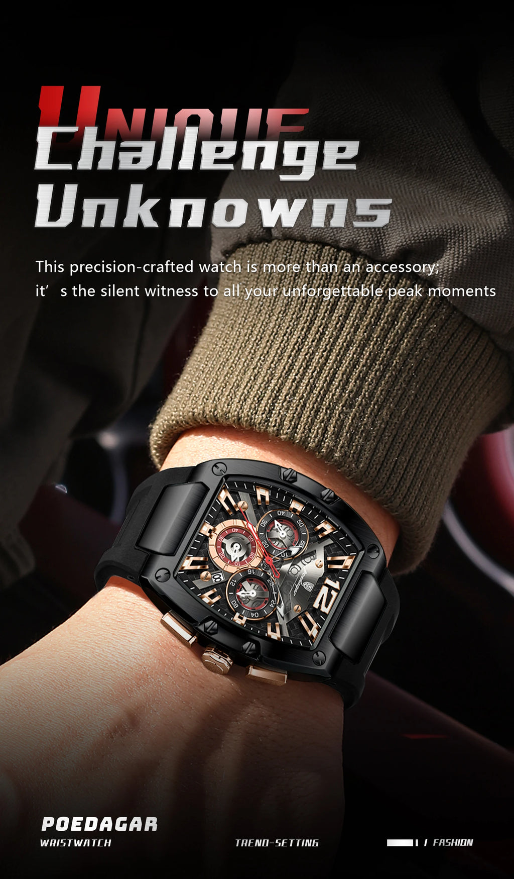 Tonneau Chronograph Watch – Roman Numeral Dial with Sapphire Crystal & Silicone Strap