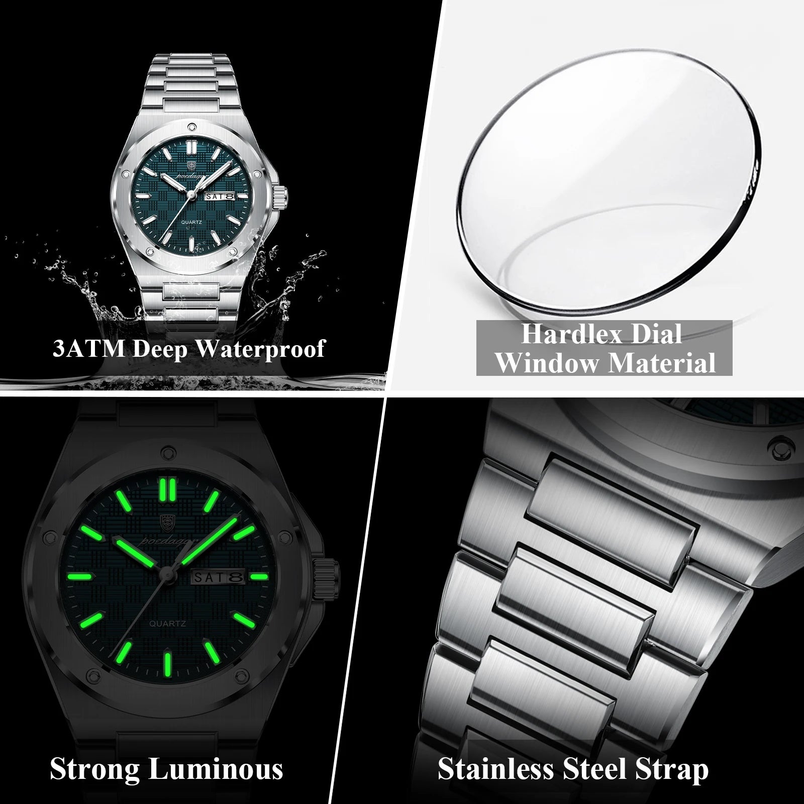 Full Calendar Business Watch – Luminous Stainless Steel with Hidden Clasp Bracelet
