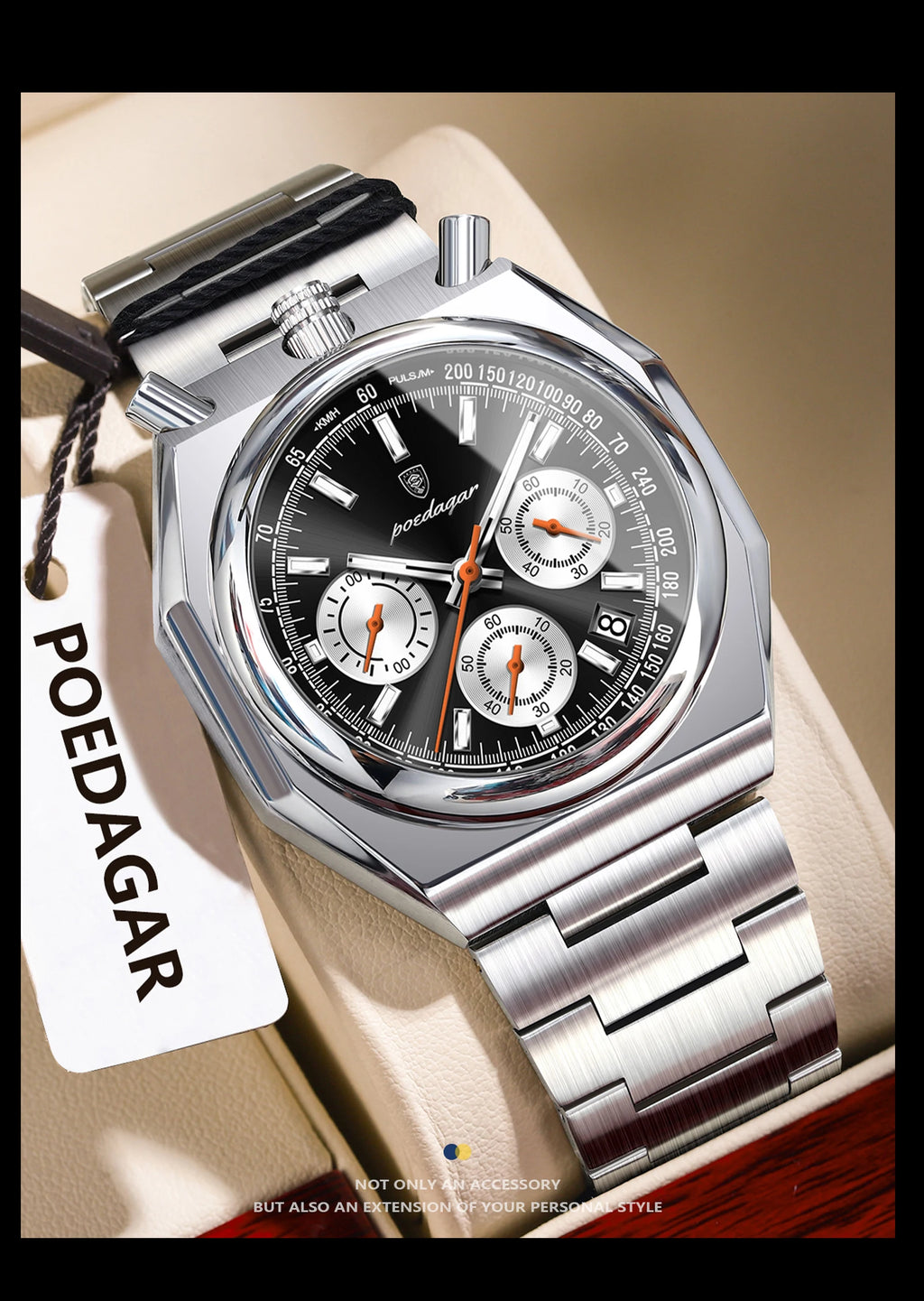 Irregular Chronograph Watch – Bold Numberless Dial with Hidden Clasp Bracelet