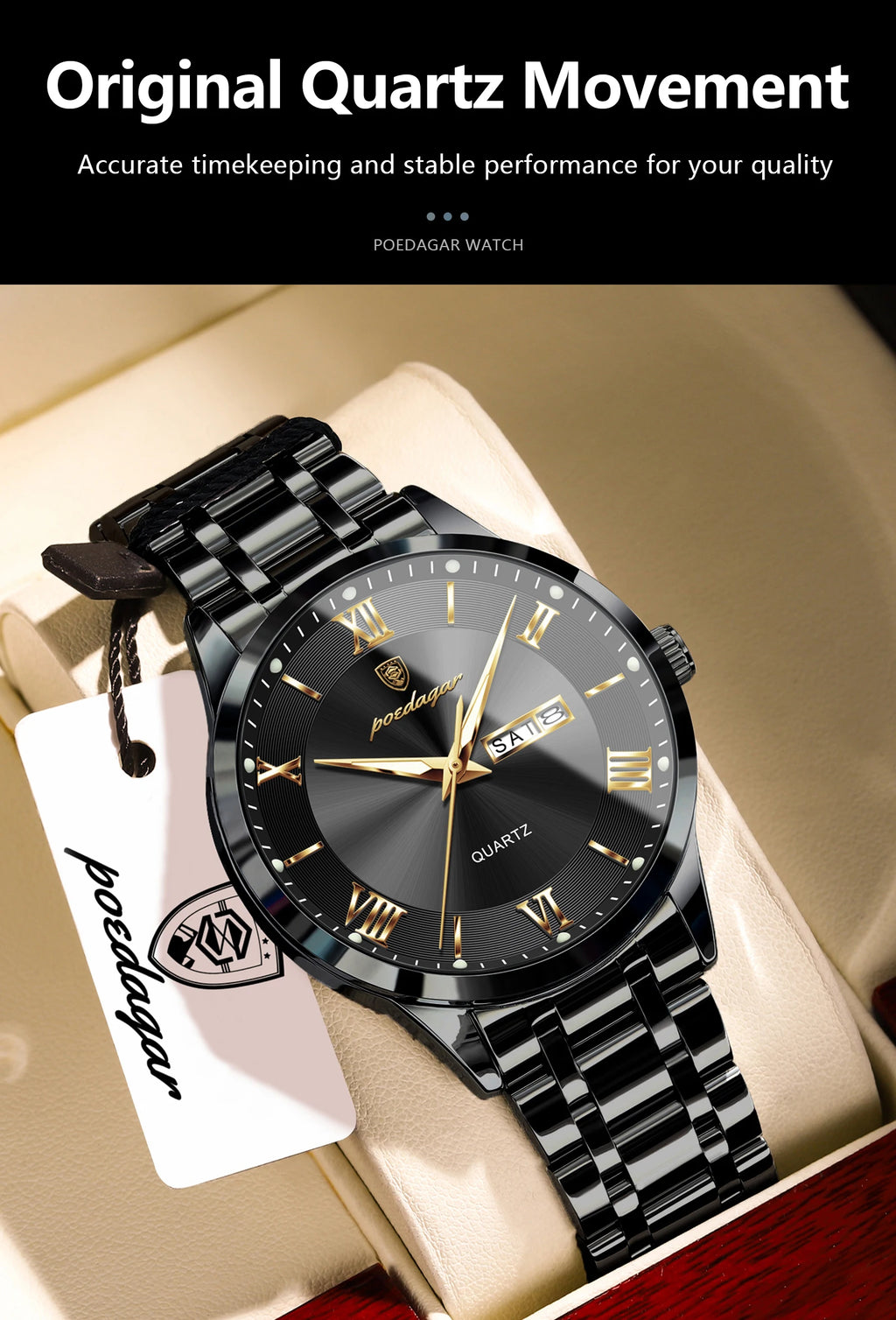 Full Calendar Stainless Steel Watch – Luminous Dial with Date, Week & Hidden Clasp