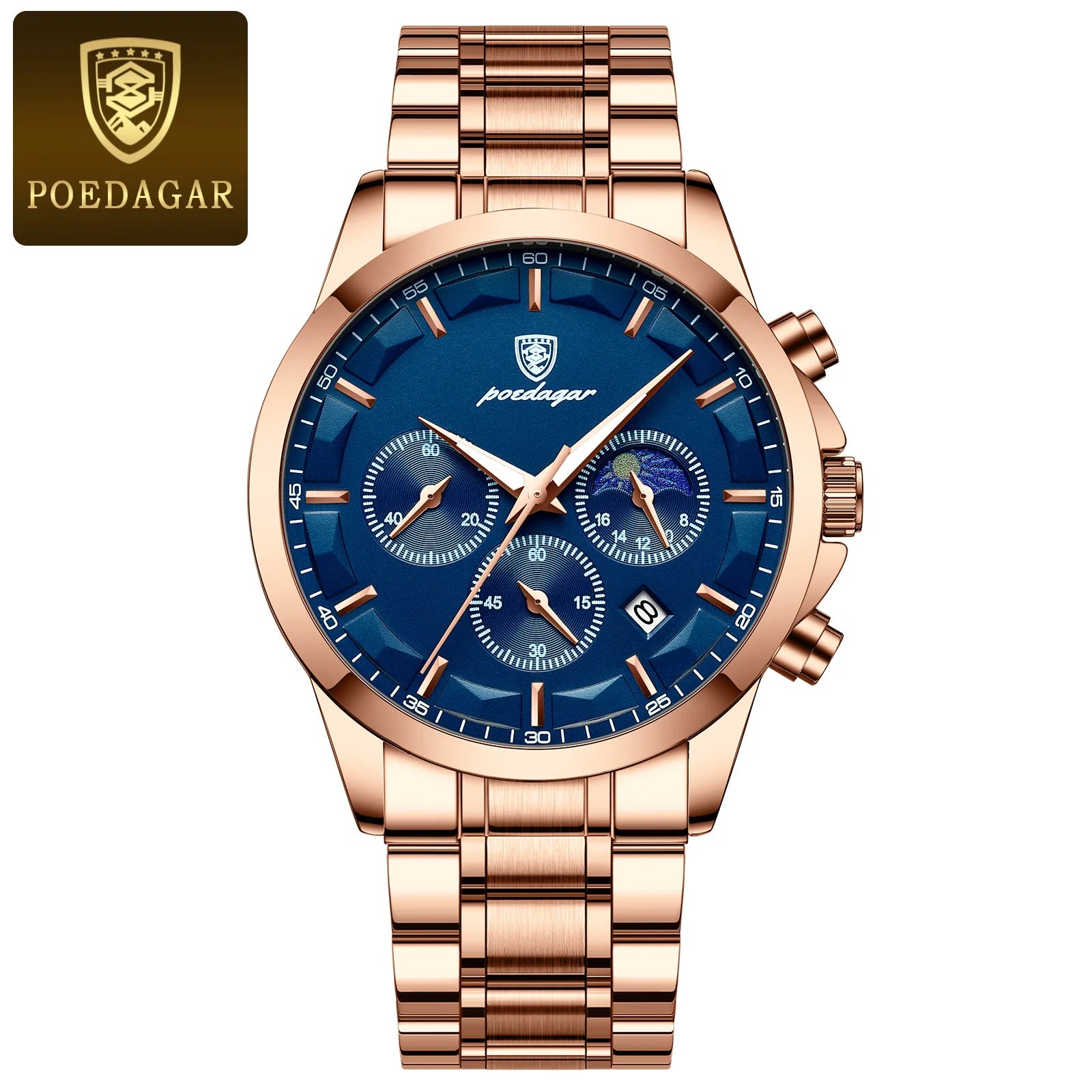 Moon Phase Full Calendar Watch – Luminous Dial with Stainless Steel Bracelet