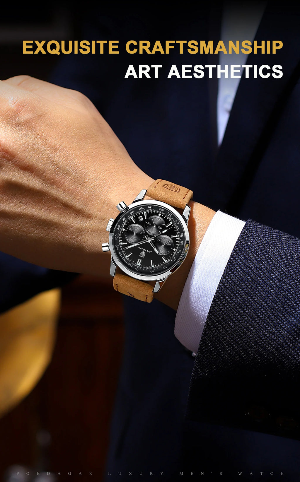 Chronograph Leather Watch – Luminous Numberless Dial with Date