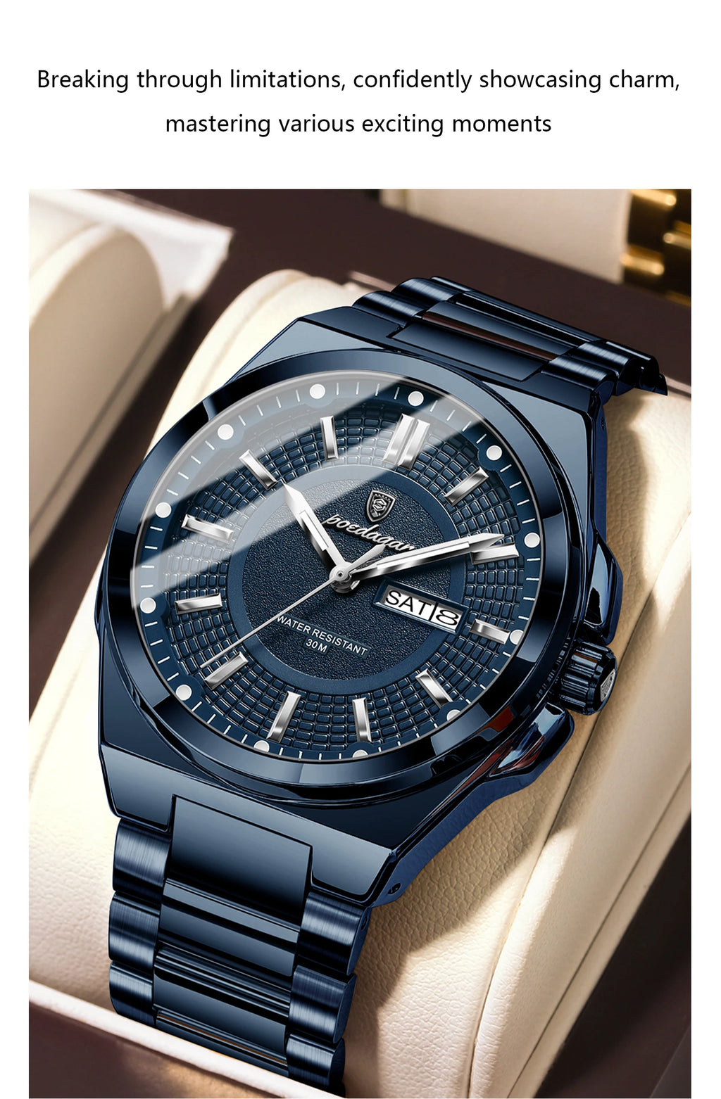 Full Calendar Sport Watch – Luminous Dial with Hidden Clasp Bracelet