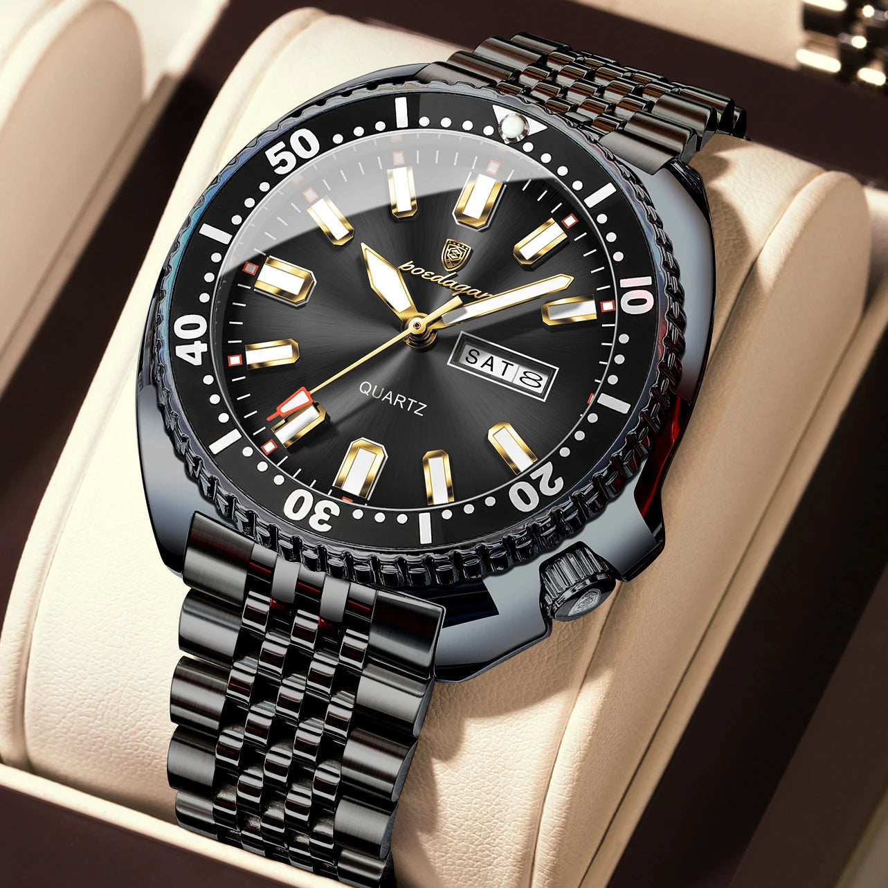 Large Full Calendar Watch – Luminous Numberless Dial with Hidden Clasp Bracelet