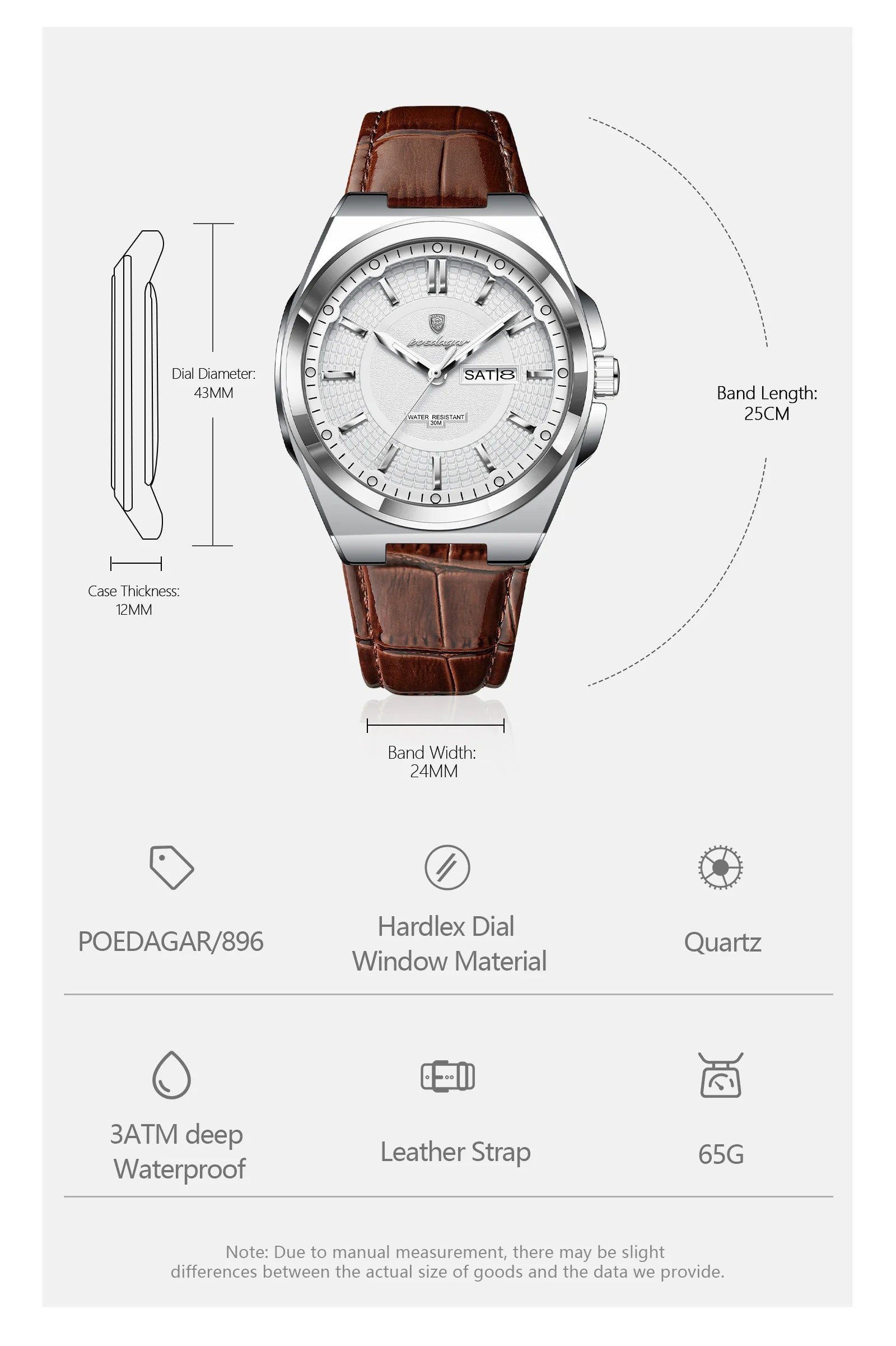 Full Calendar Leather Watch – Luminous Dial with Date & Week Display
