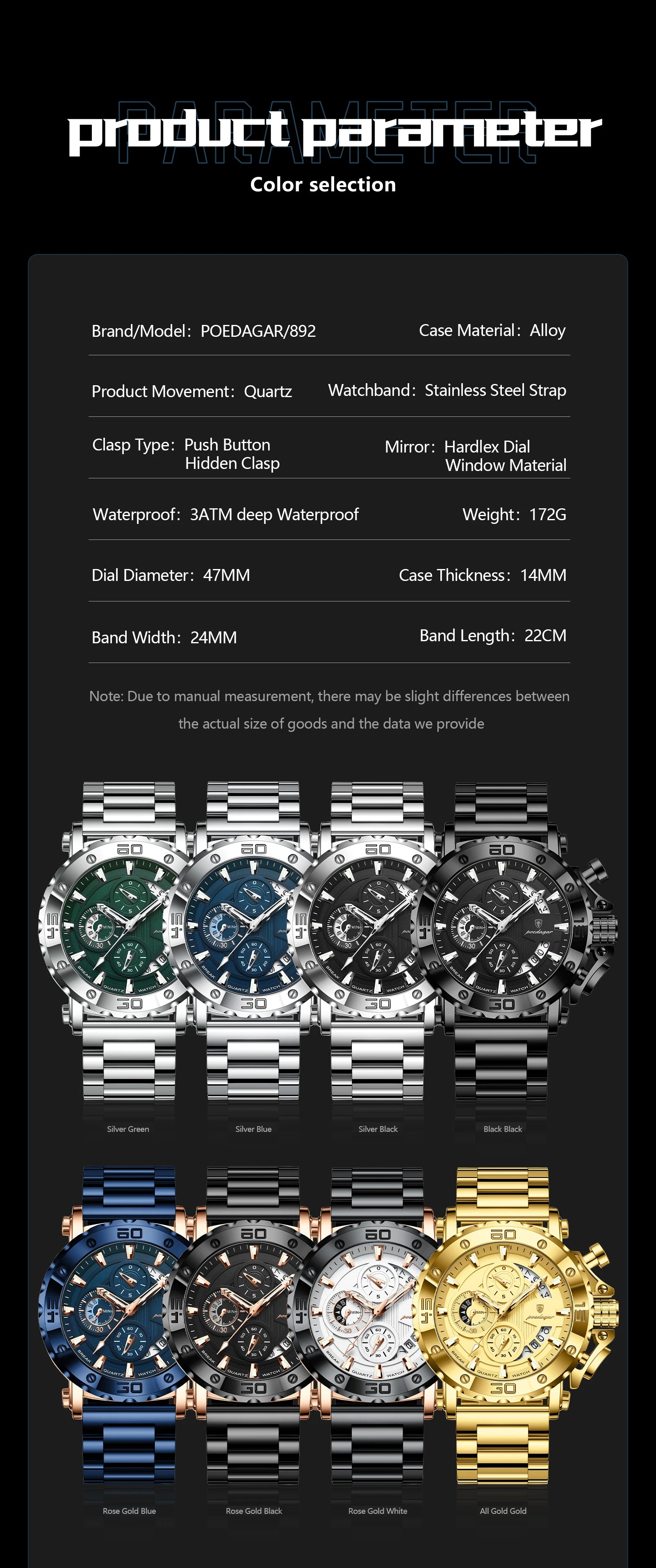 Large Chronograph Watch – Luminous Numberless Dial with Hidden Clasp