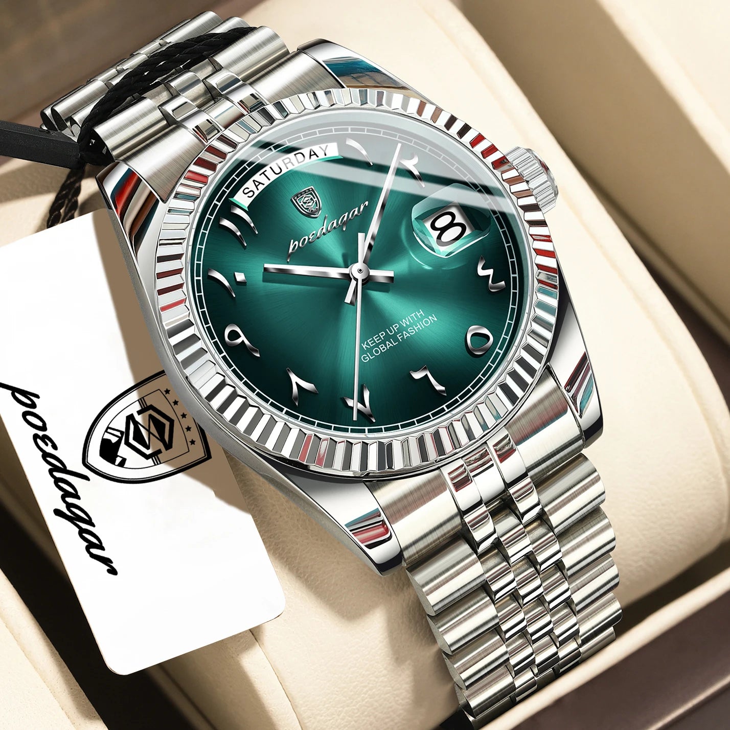Full Calendar Slim Watch – Date & Week Display with Hidden Clasp Bracelet