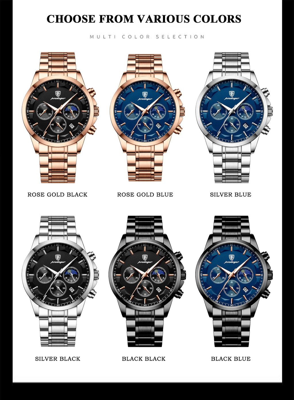 Chronograph Date Watch – Luminous Numberless Dial with Bracelet Clasp