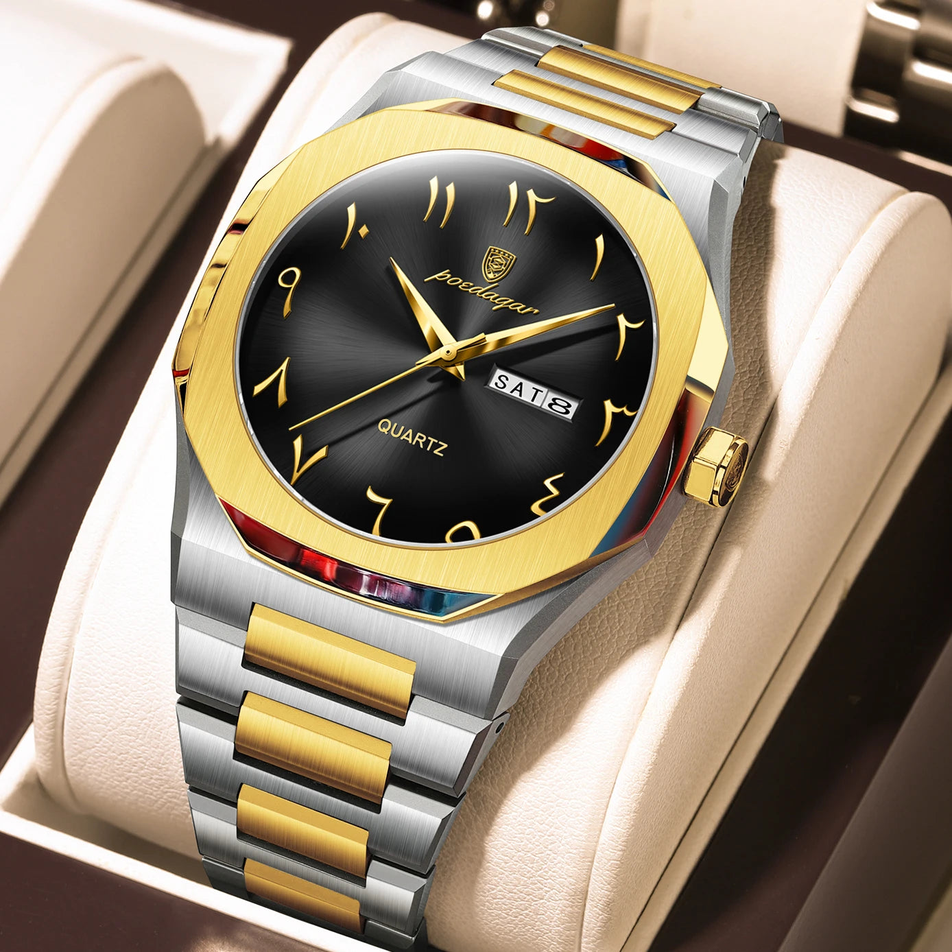 Irregular Shape Stainless Steel Watch – Full Calendar with Date & Week Display