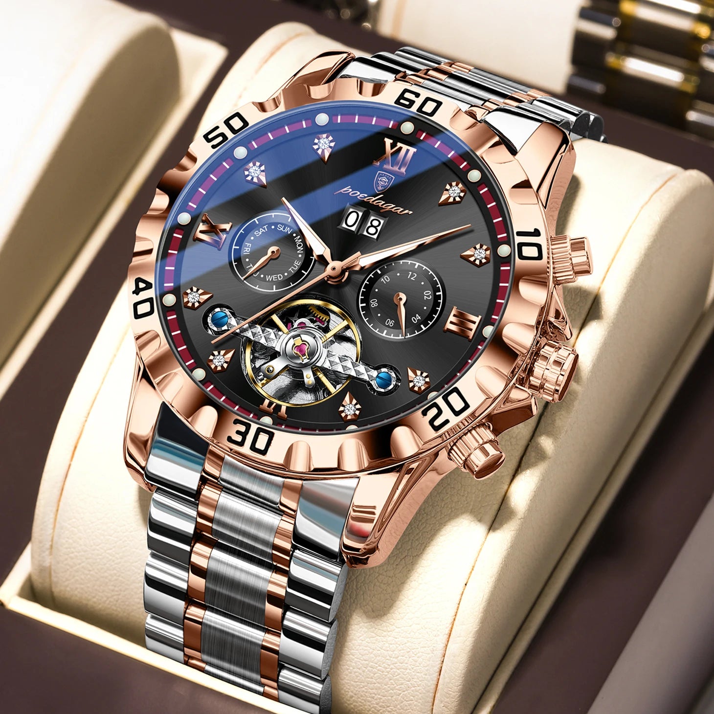 Automatic Tourbillon Style Watch – Sapphire Crystal with Week Display & Hidden Clasp