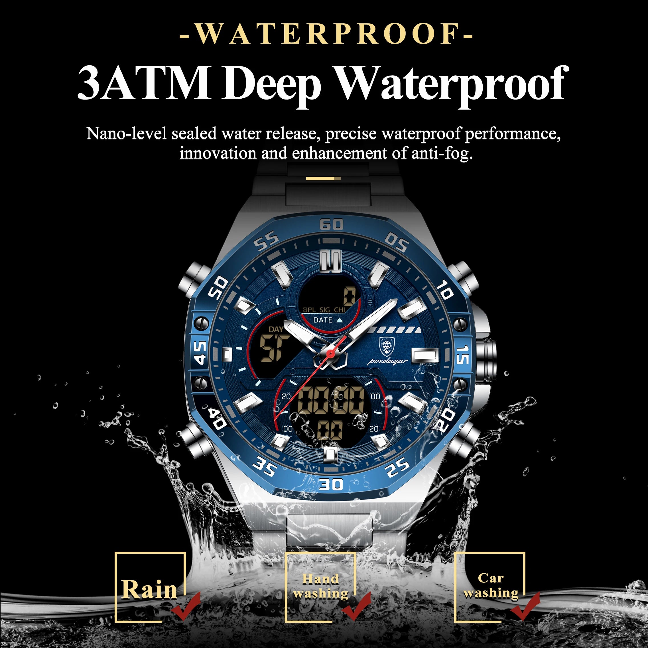 LED Analog-Digital Chronograph Watch – Full Calendar with Alarm & Bracelet