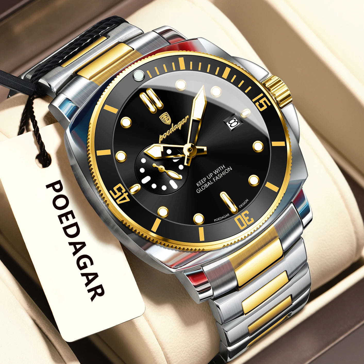 Business Date Watch – Luminous Numberless Dial with Hidden Clasp Bracelet