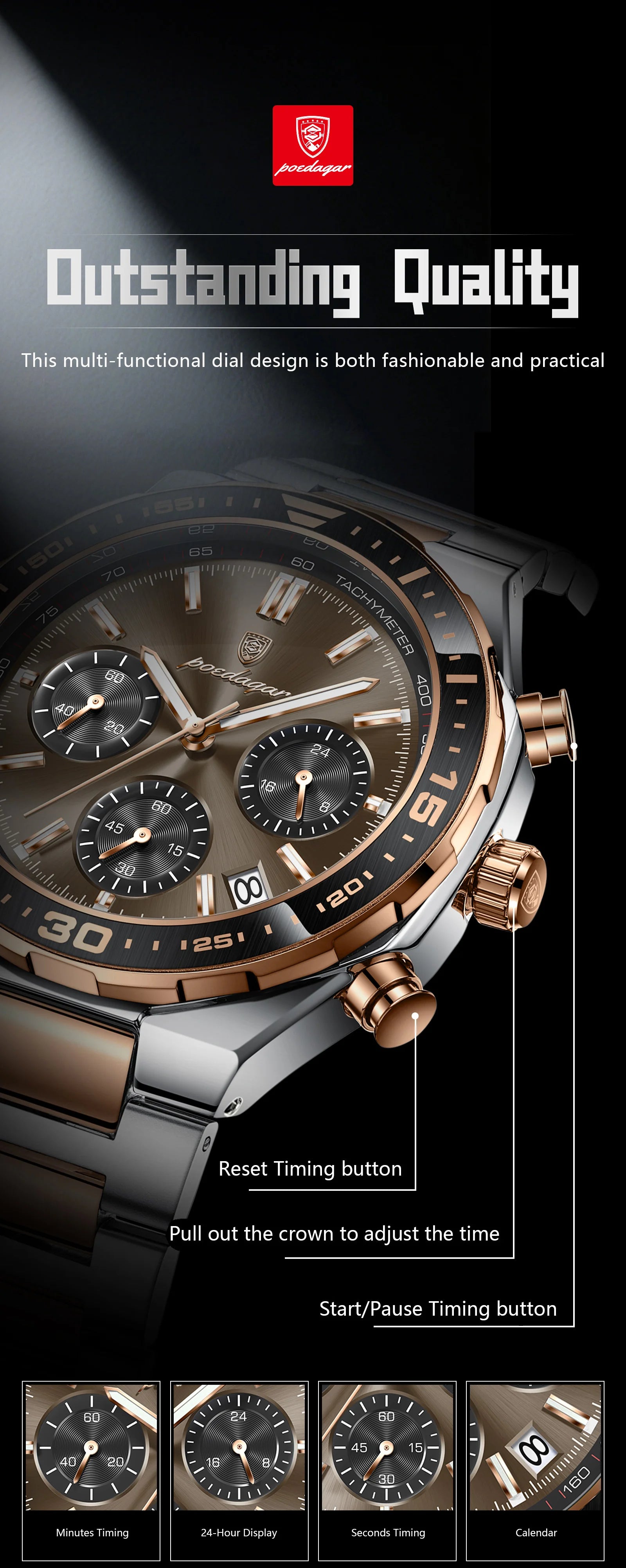 Business Chronograph Watch – Stainless Steel, Luminous Dial, Date Display