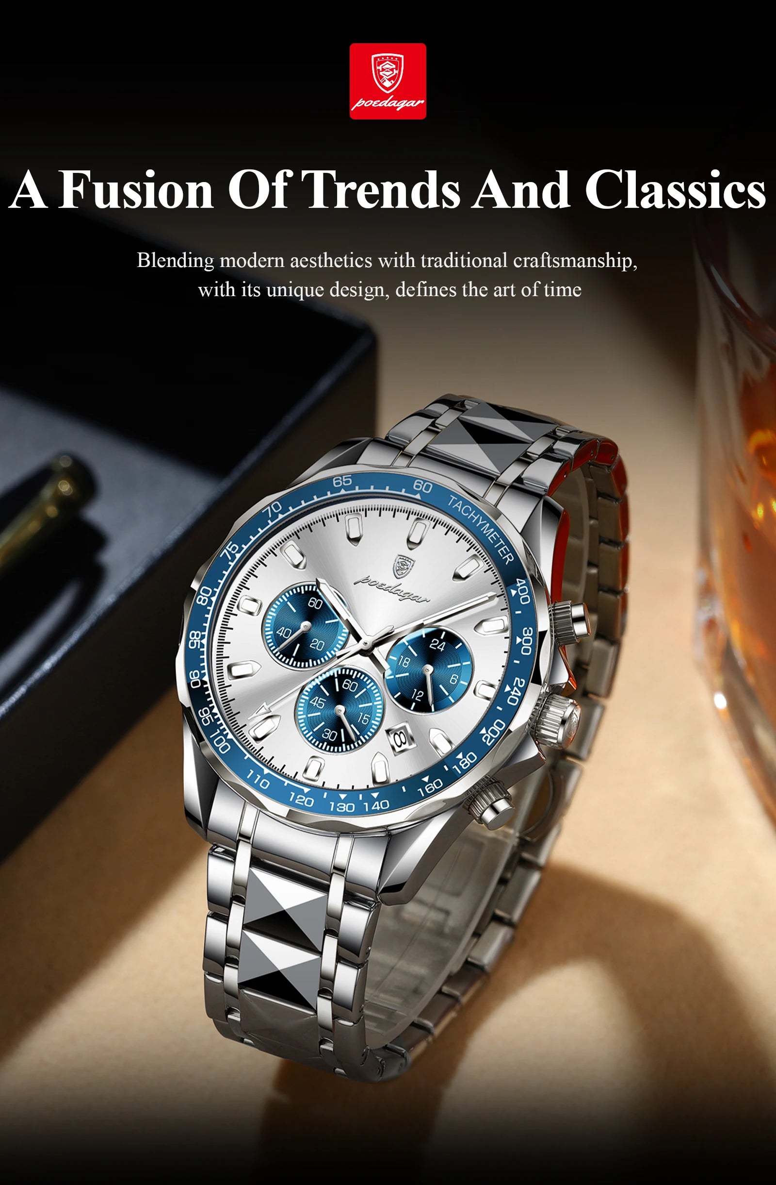 Chronograph Date Watch – Luminous Dial with Hidden Clasp Bracelet