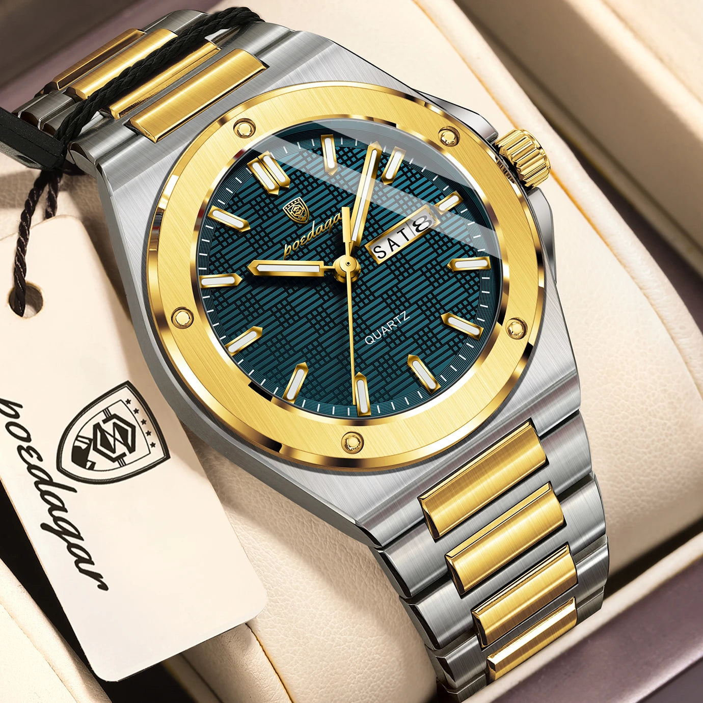 Full Calendar Business Watch – Luminous Stainless Steel with Hidden Clasp Bracelet