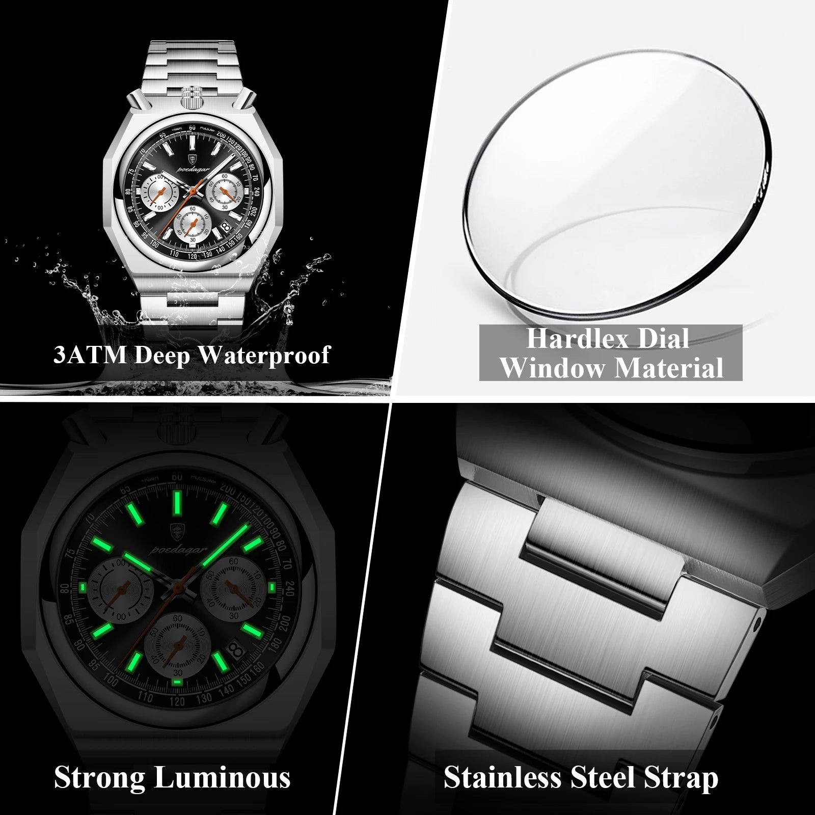 Irregular Chronograph Watch – Bold Numberless Dial with Hidden Clasp Bracelet
