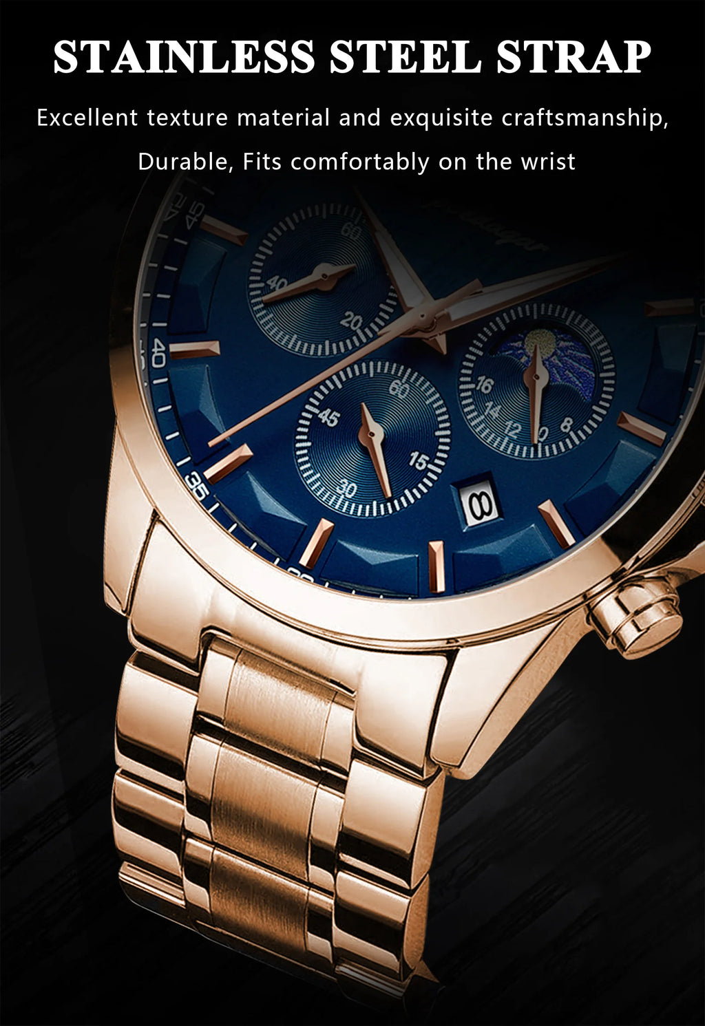 Moon Phase Full Calendar Watch – Luminous Dial with Stainless Steel Bracelet