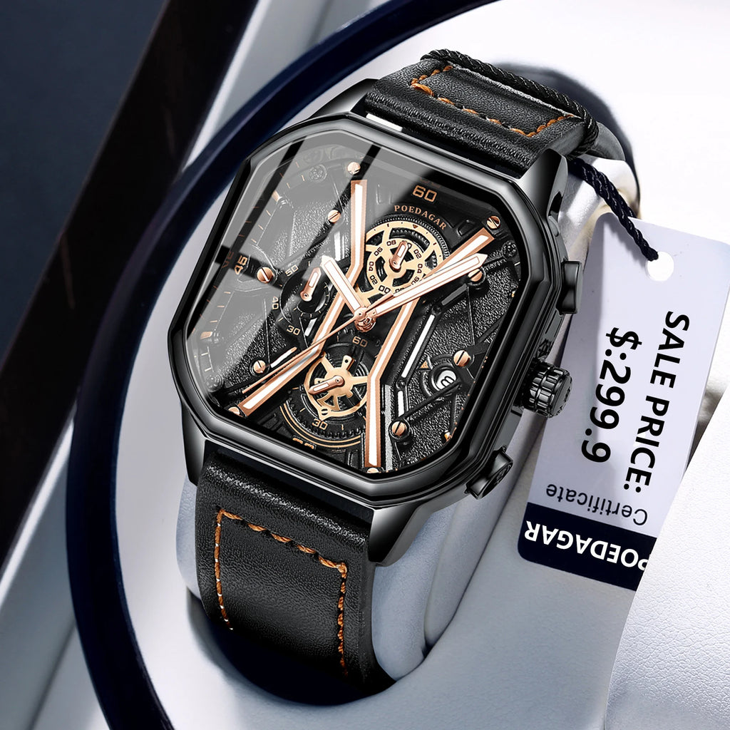 Square Chronograph Watch – Full Calendar with Leather Strap & Luminous Dial