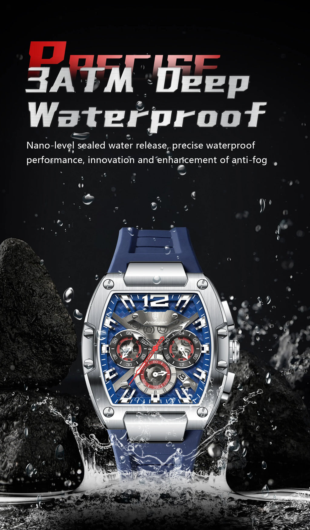 Bold Tonneau Timepiece – Luminous Chronograph with Premium Silicone Strap