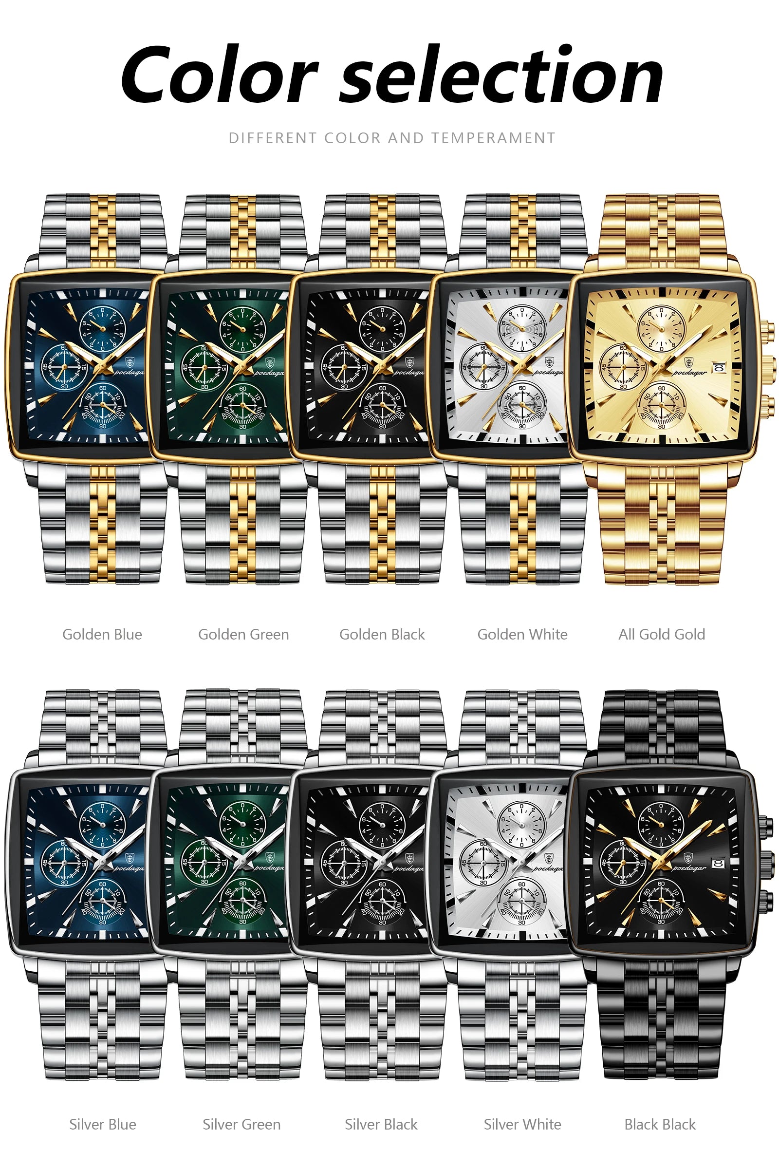 Square Chronograph Watch – Luminous Numberless Dial with Hidden Clasp Bracelet
