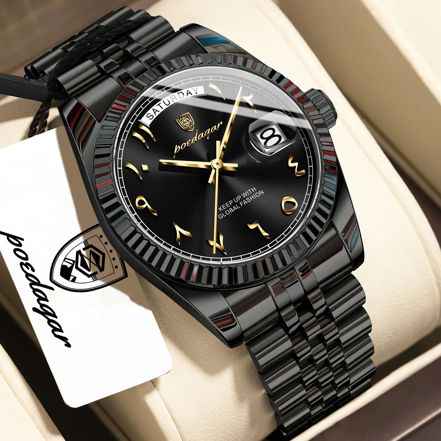 Full Calendar Slim Watch – Date & Week Display with Hidden Clasp Bracelet