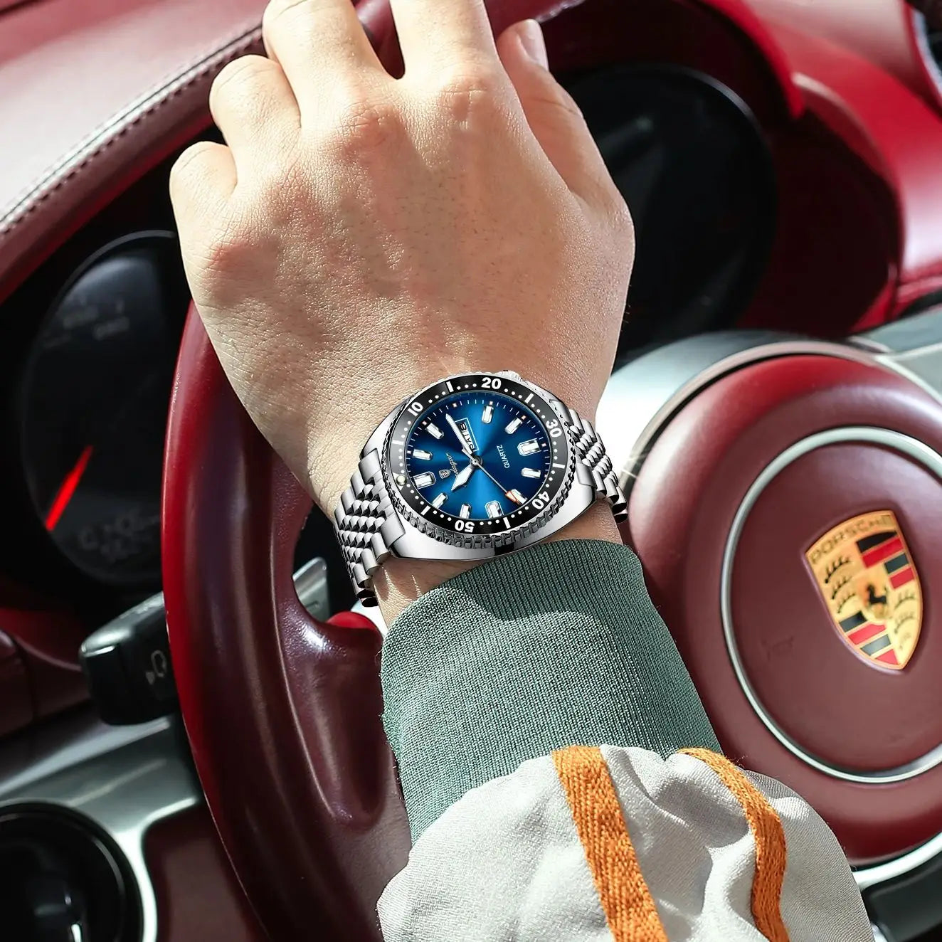 Large Full Calendar Watch – Luminous Numberless Dial with Hidden Clasp Bracelet