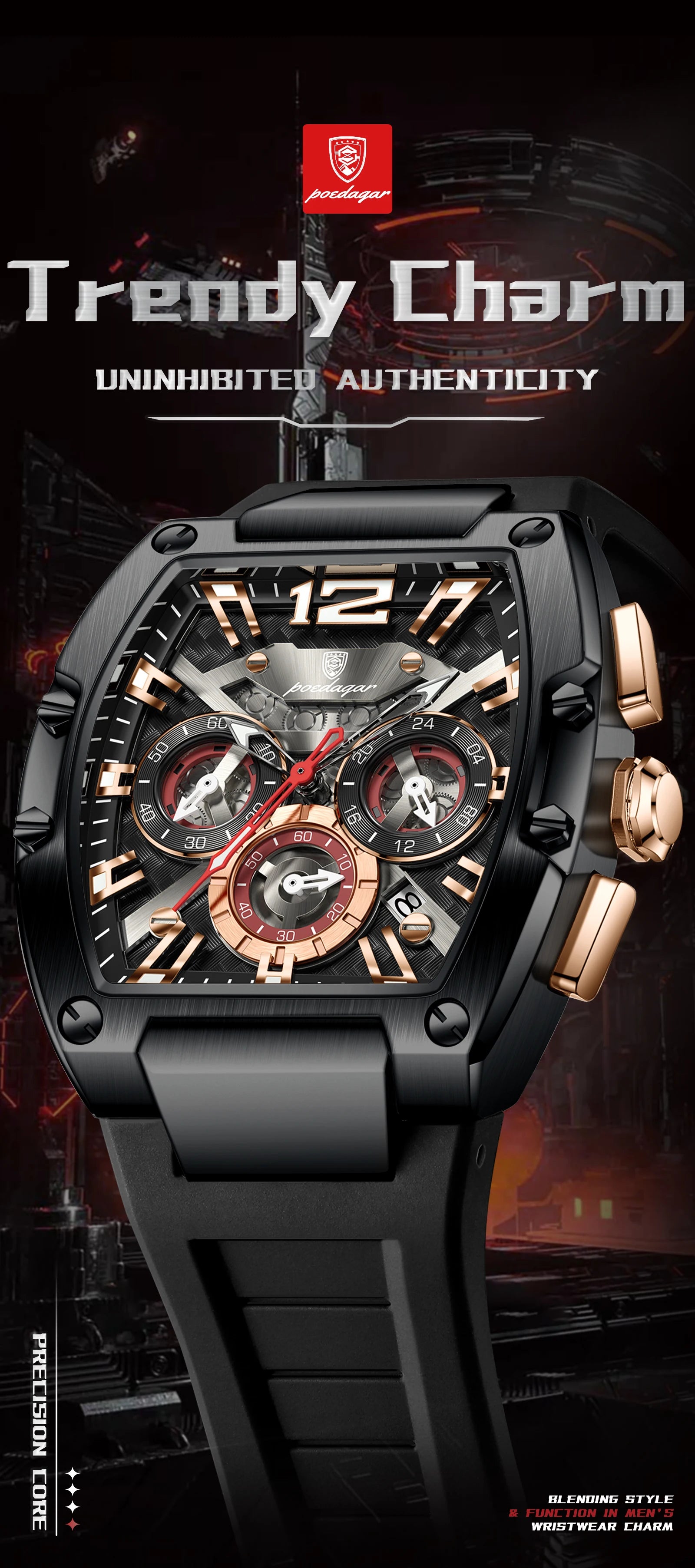 Tonneau Chronograph Watch – Roman Numeral Dial with Sapphire Crystal & Silicone Strap
