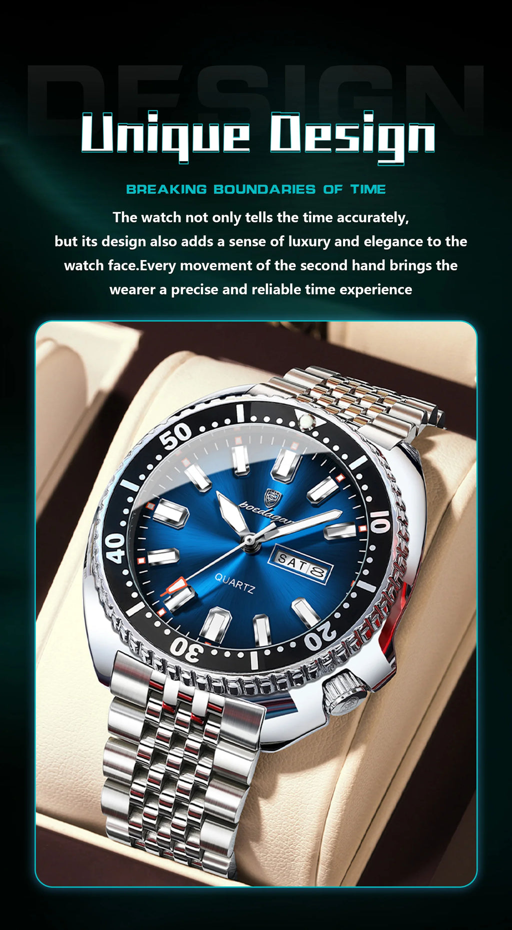 Large Full Calendar Watch – Luminous Numberless Dial with Hidden Clasp Bracelet