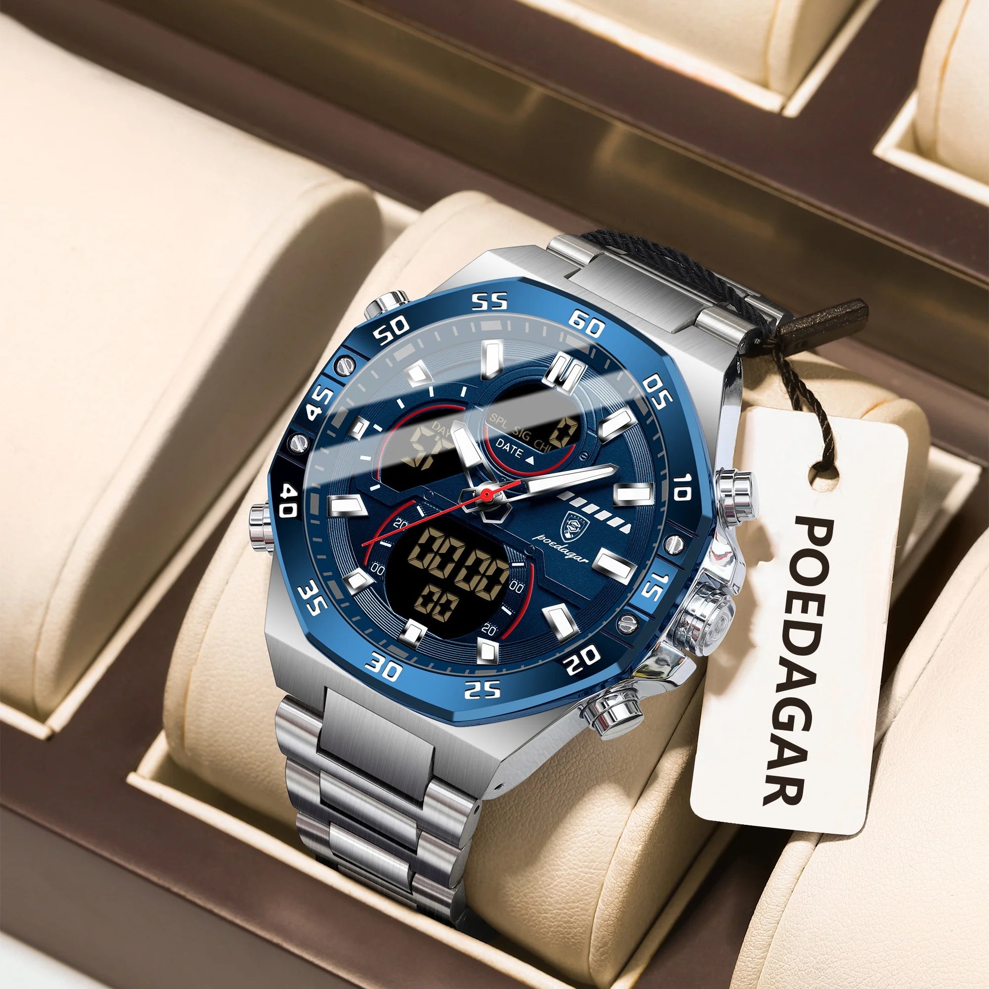 LED Analog-Digital Chronograph Watch – Full Calendar with Alarm & Bracelet