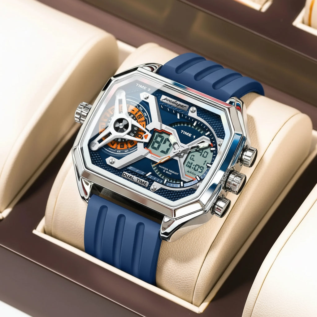 LED Analog-Digital Chronograph Watch – Dual Time & Alarm with Silicone Strap