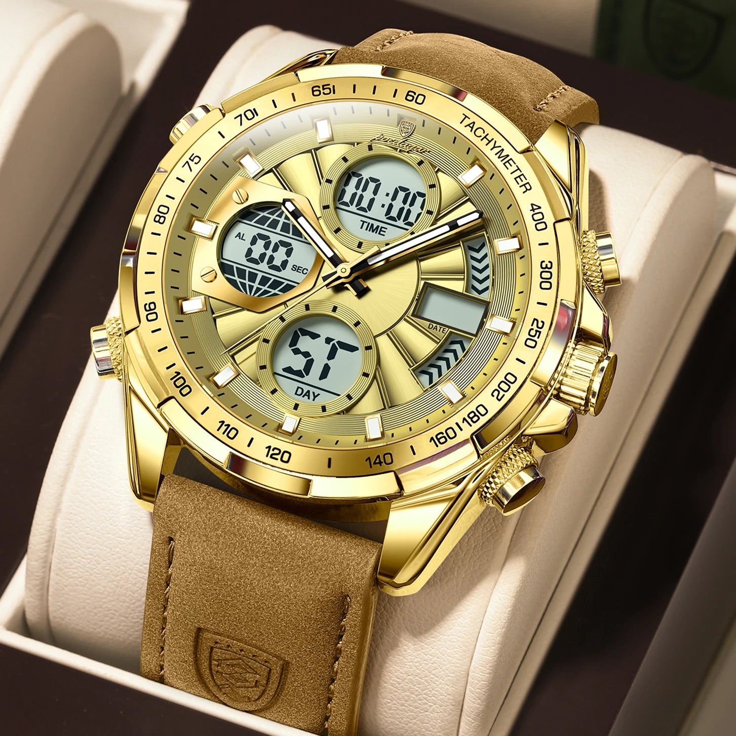 LED Analog-Digital Chronograph Watch – Dual Time & Alarm with Leather Strap