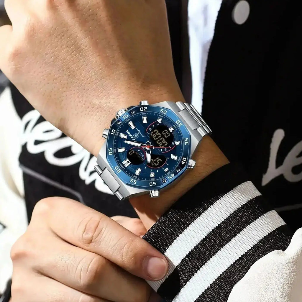 LED Analog-Digital Chronograph Watch – Full Calendar with Alarm & Bracelet