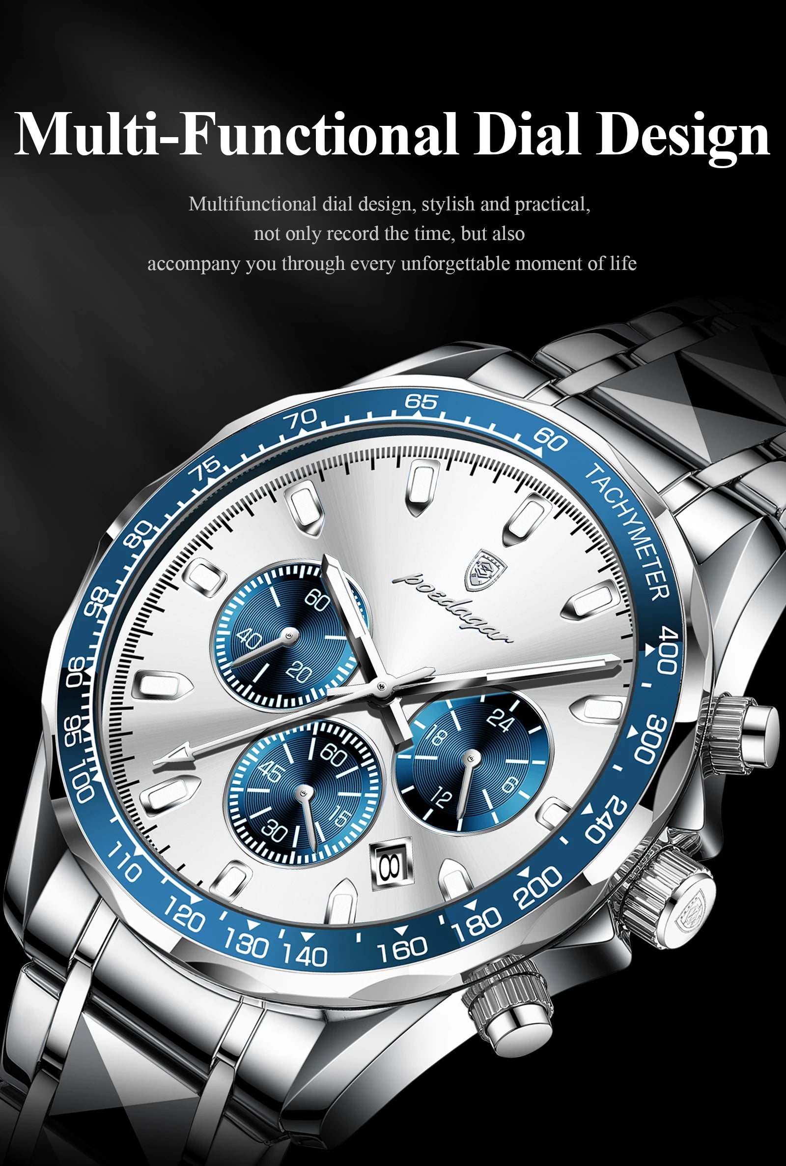Chronograph Date Watch – Luminous Dial with Hidden Clasp Bracelet