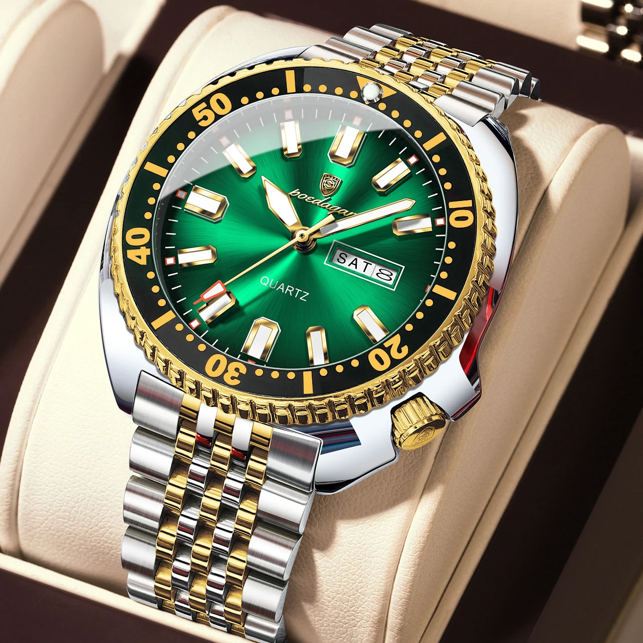 Large Full Calendar Watch – Luminous Numberless Dial with Hidden Clasp Bracelet