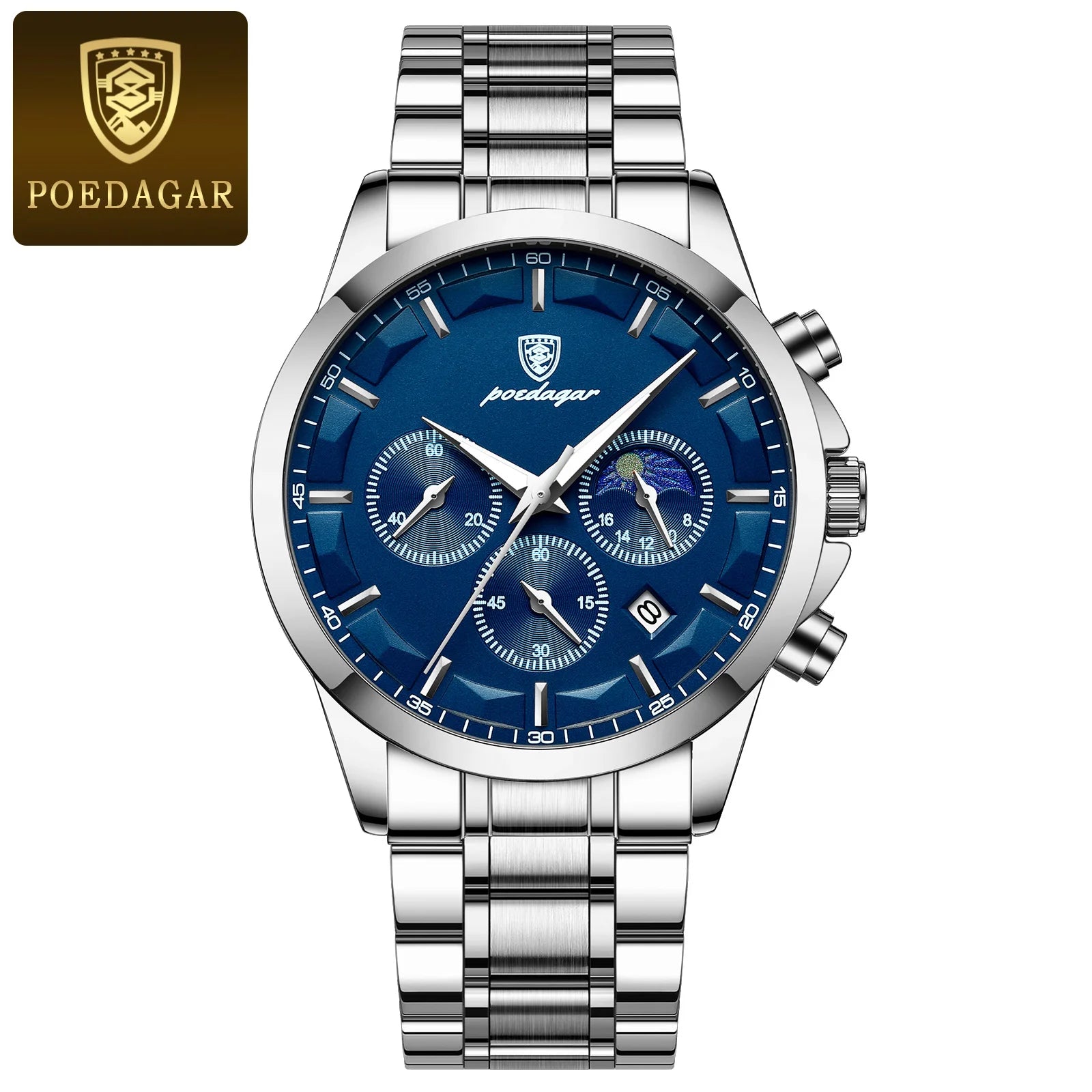 Moon Phase Full Calendar Watch – Luminous Dial with Stainless Steel Bracelet
