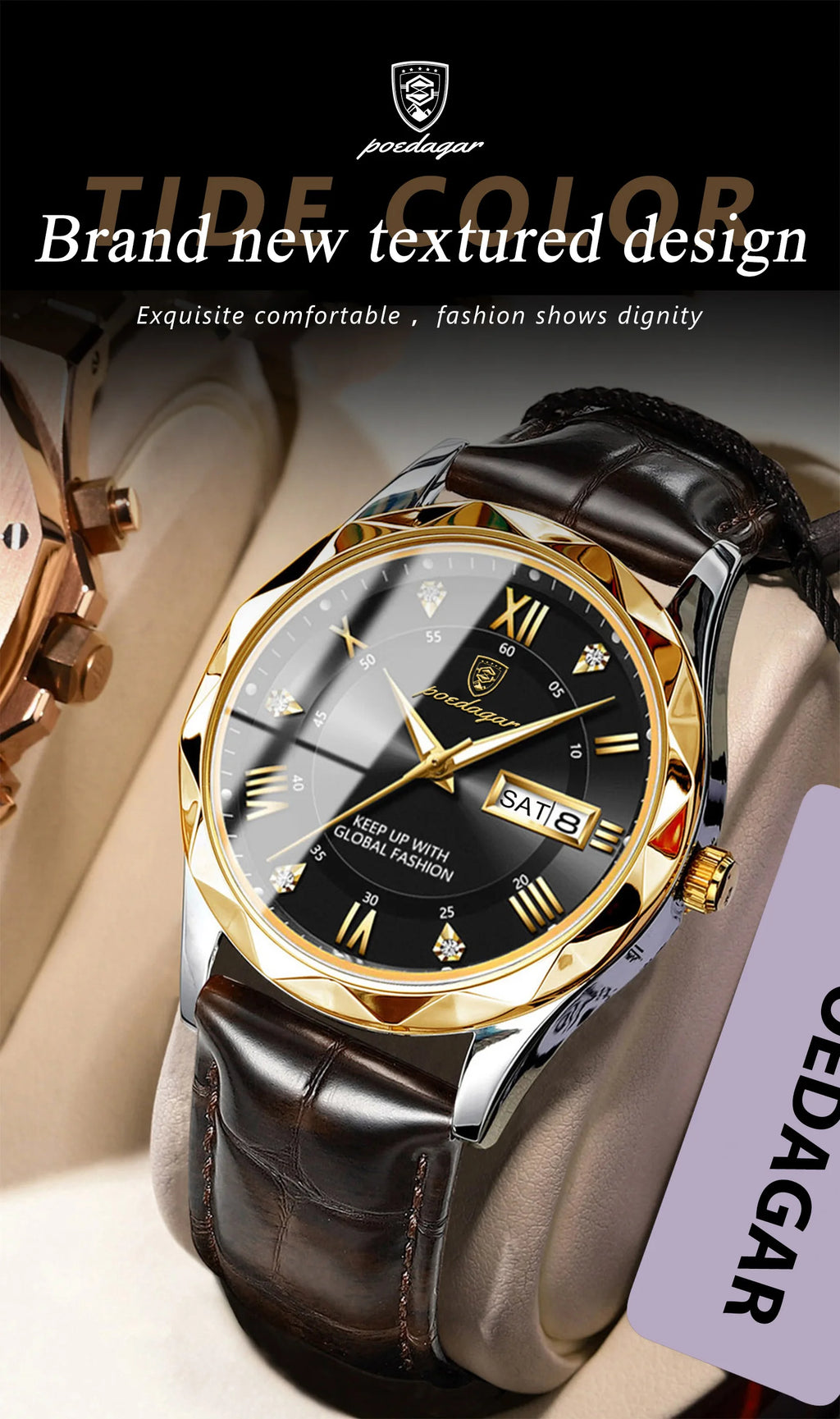 POEDAGAR Original Luxury Male Watch Waterproof Luminous Date Week Sports Men's Watches Classic Business Quartz Leather Men Watch