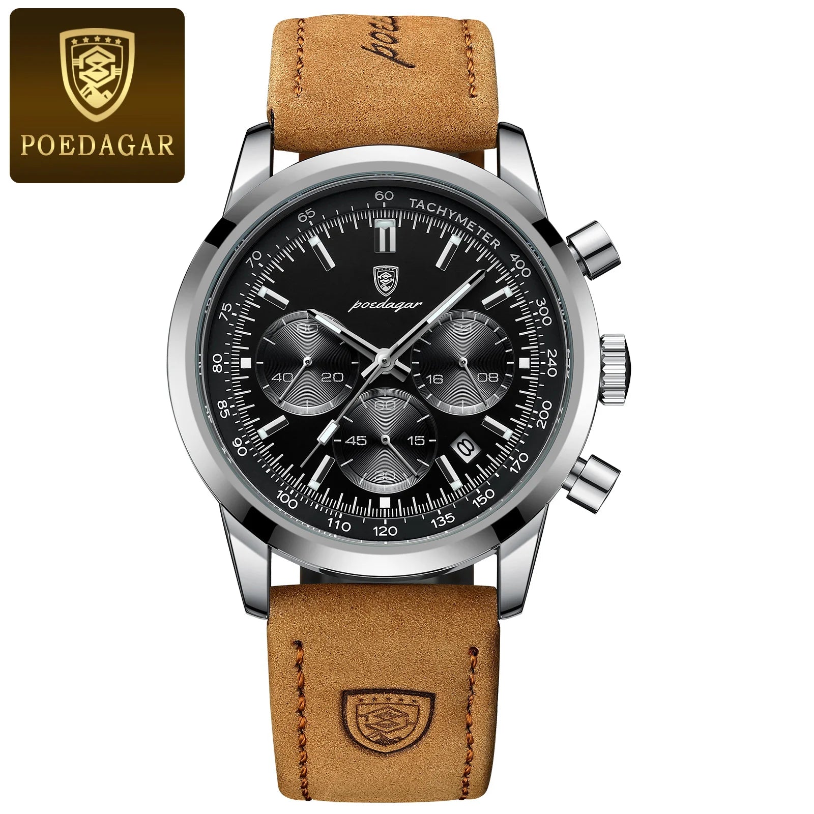 Chronograph Leather Watch – Luminous Numberless Dial with Date