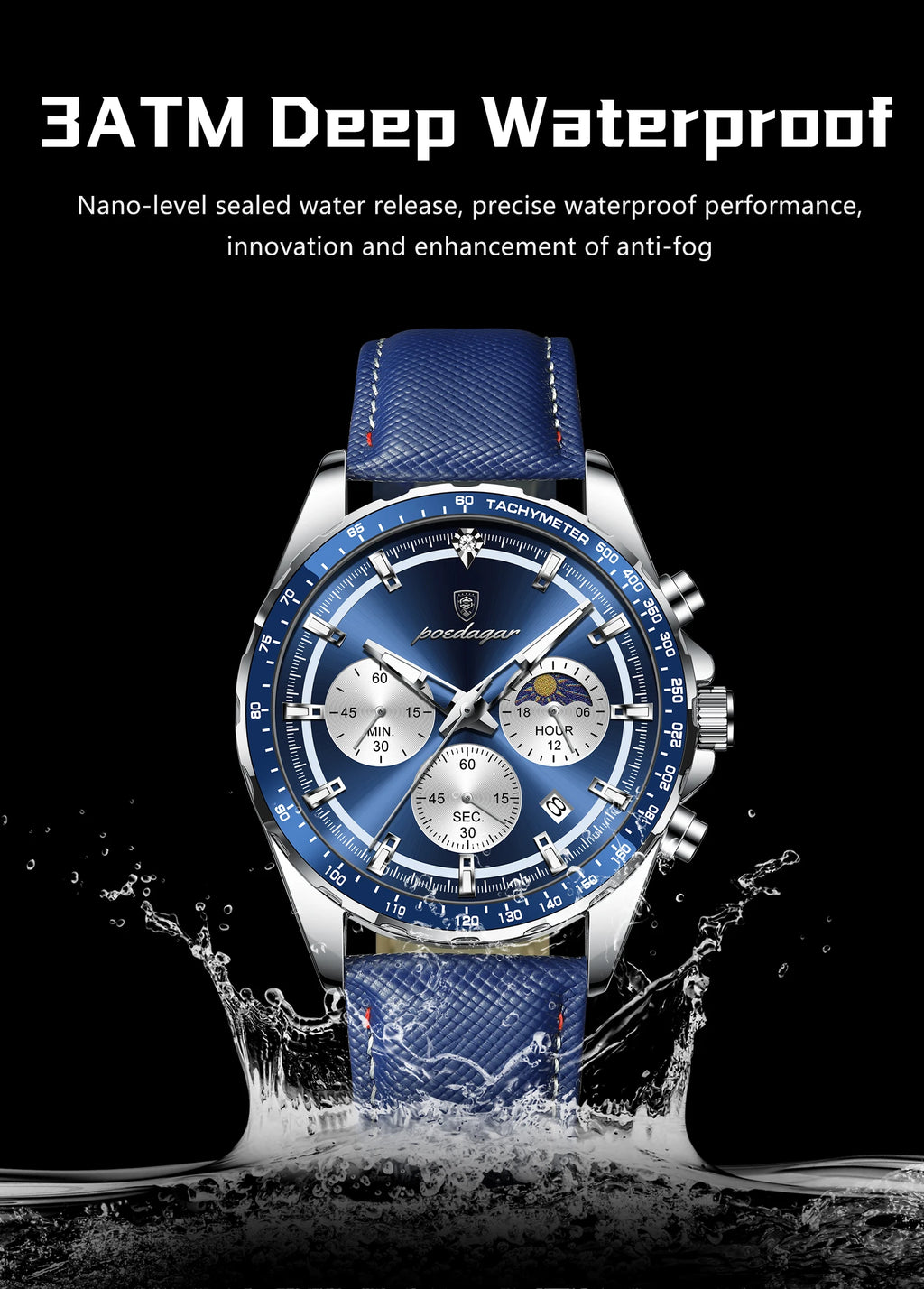 Premium Leather Chronograph Watch – Luminous Dial, Date Display, Quartz Movement
