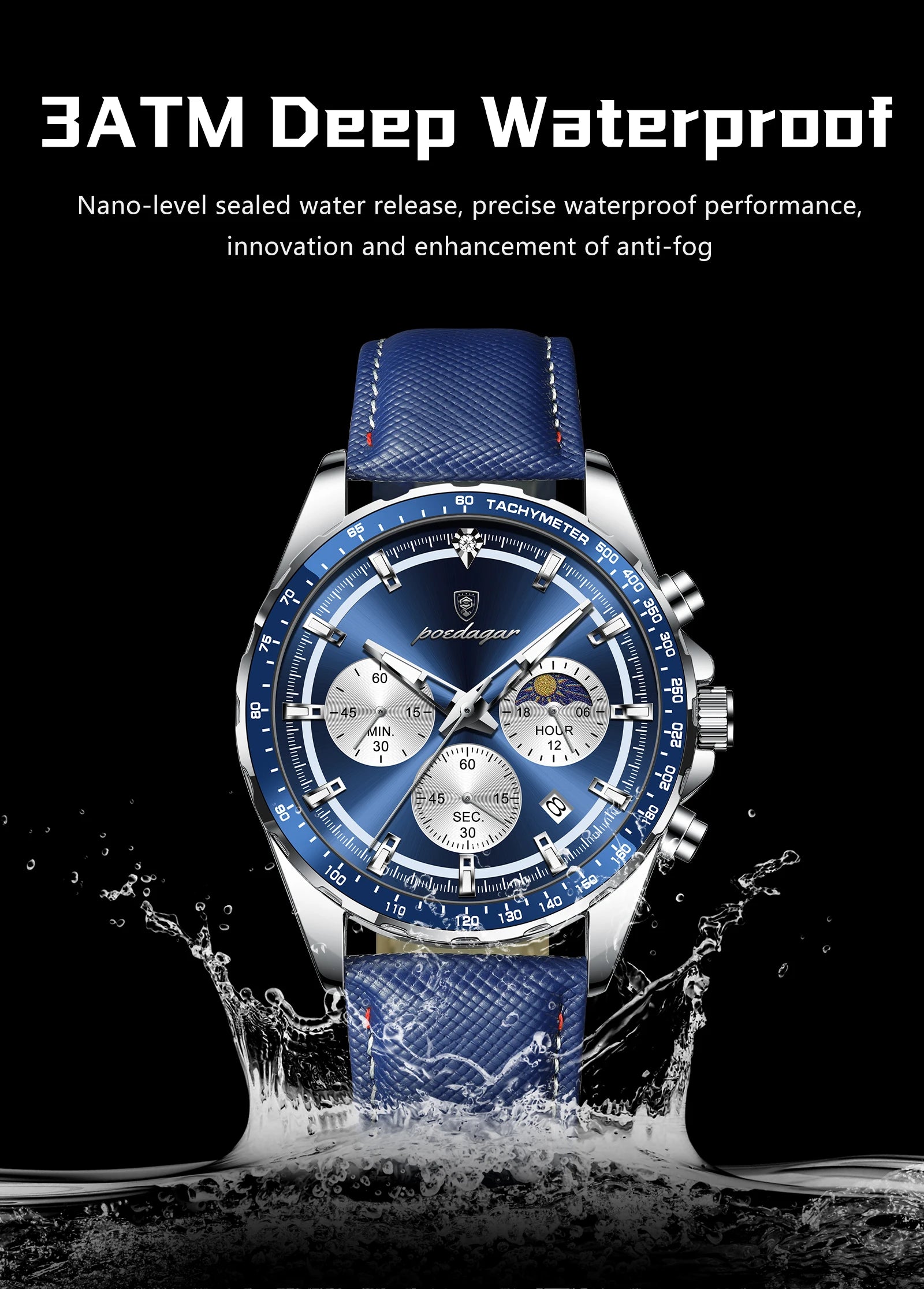 Premium Leather Chronograph Watch – Luminous Dial, Date Display, Quartz Movement