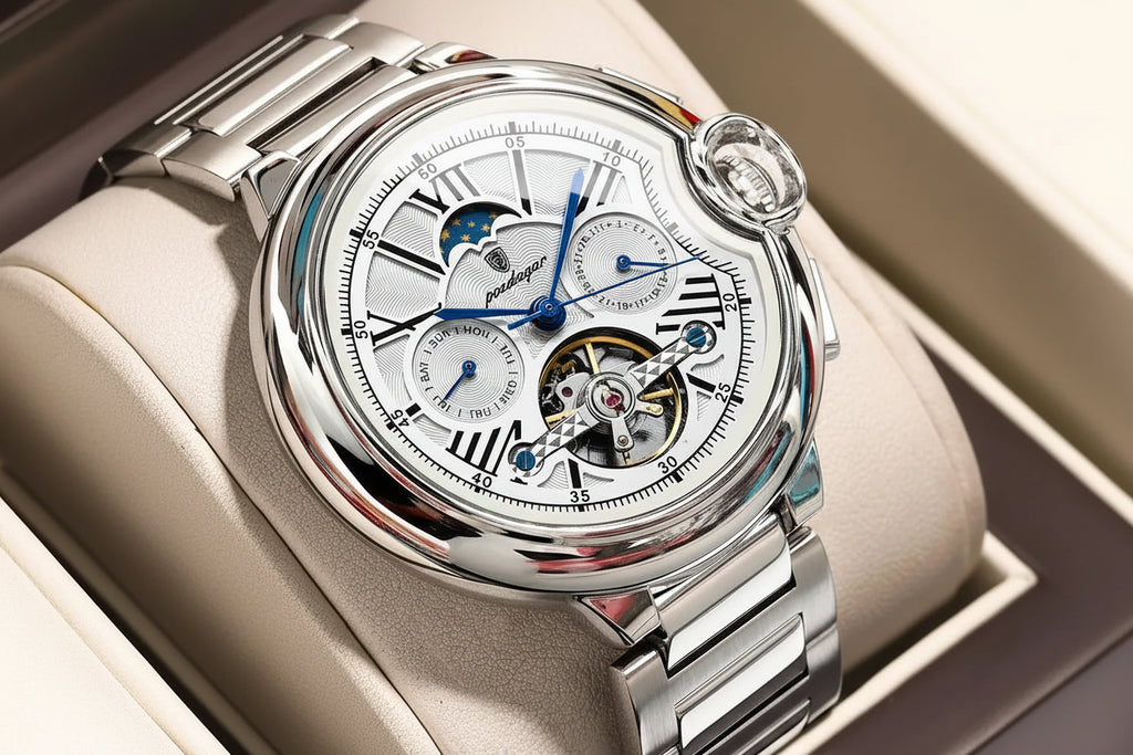 Automatic Skeleton Watch – Tourbillon Style with Moon Phase & Full Calendar