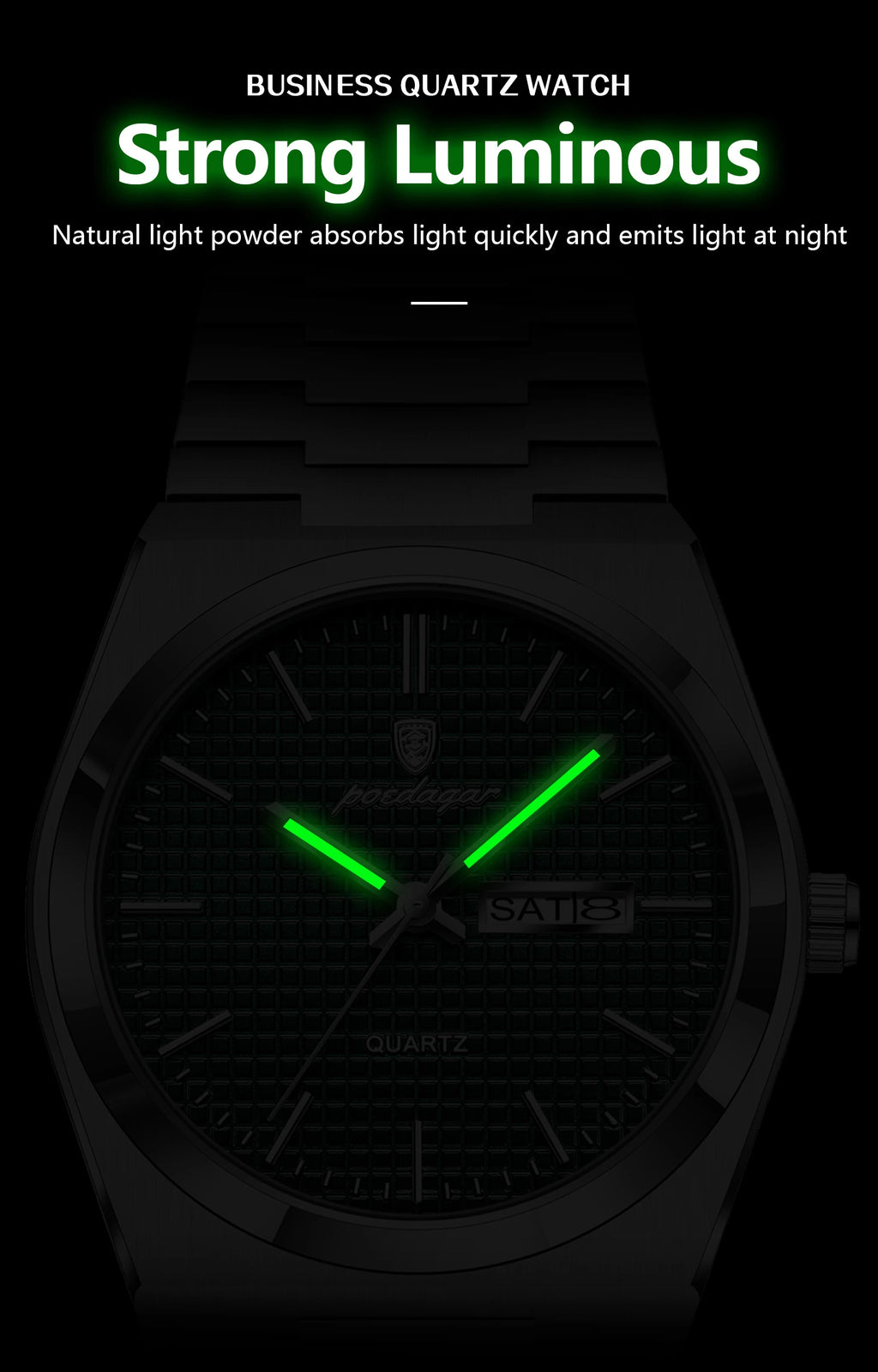 Full Calendar Stainless Steel Watch – Luminous Dial with Date, Week & Hidden Clasp
